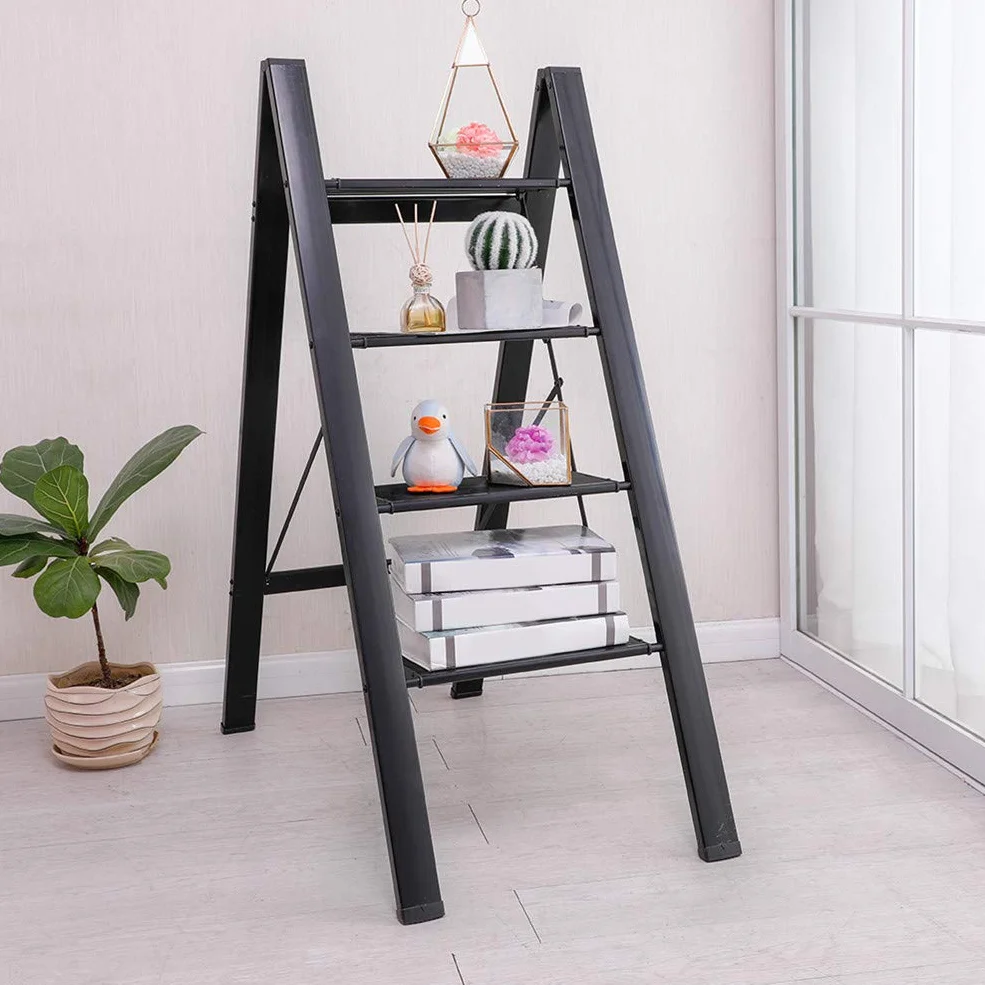 BAOYOUNI Scaletta Pieghevole in Alluminio 4 Gradini Sgabello Leggera Resistente con Pedale Antiscivolo Scala per uso Domestico, Ufficio, Garage, Giardino, Pittura, può Portare Fino a 135 kg, Nero