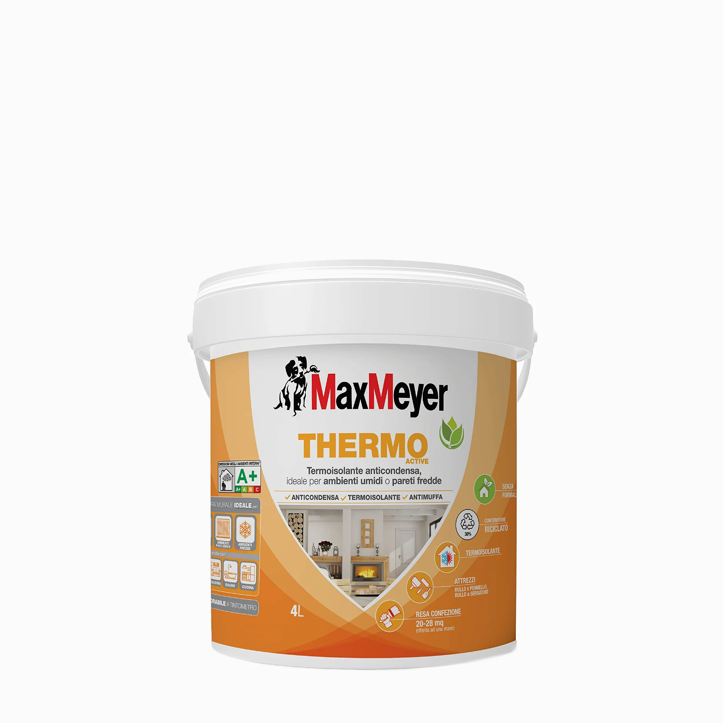 MAXMEYER Pittura per interni termica, antimuffa, anticondensa, A+ e priva di formaldeide, Thermo A+ Active BIANCO 4 L