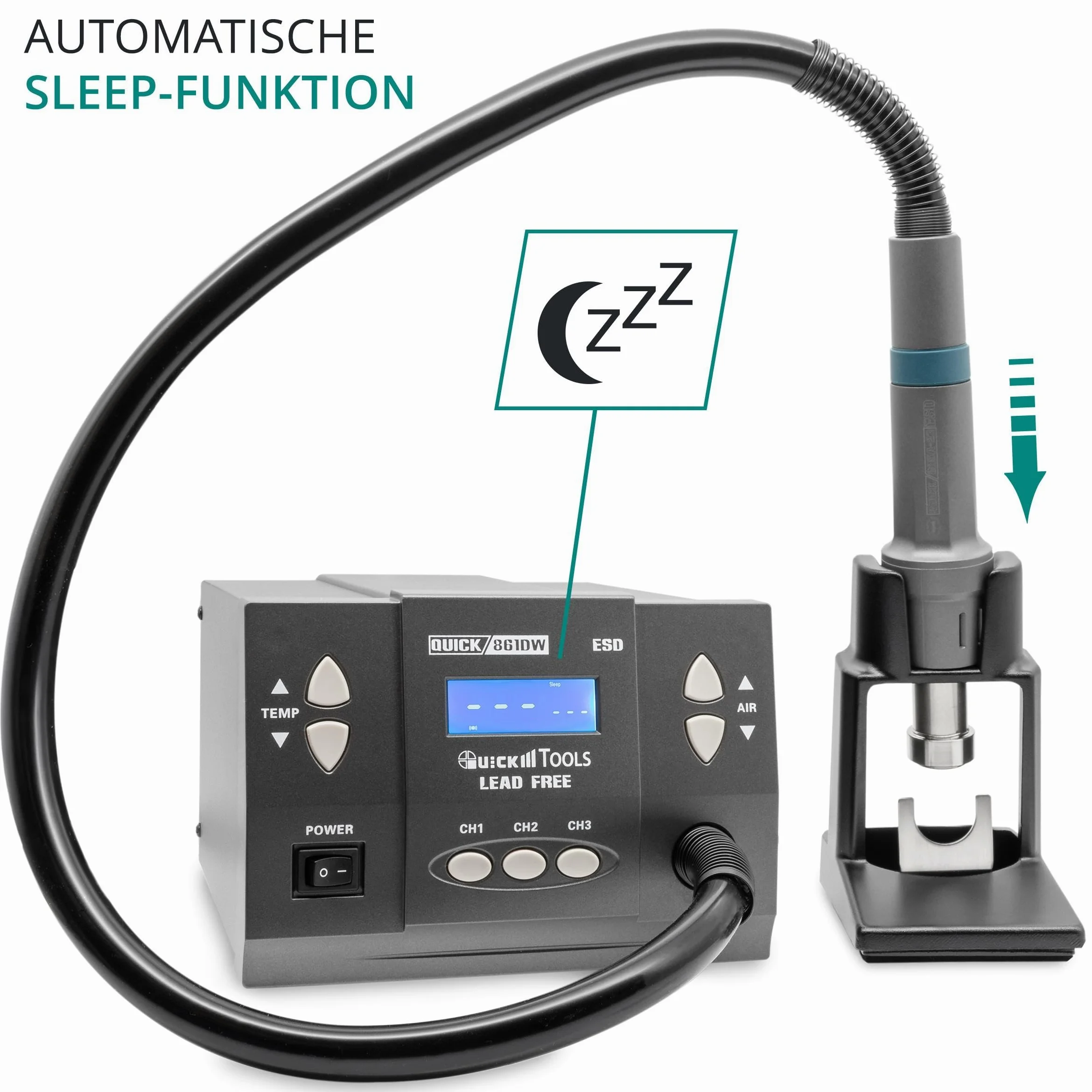 QUICK QU861DW - Stazione saldante professionale ad aria calda, regolabile, 1000 Watt, intervallo di temperatura 100-500 °C, SMD, funzione di calibrazione, standby, sistema di raffreddamento automatico