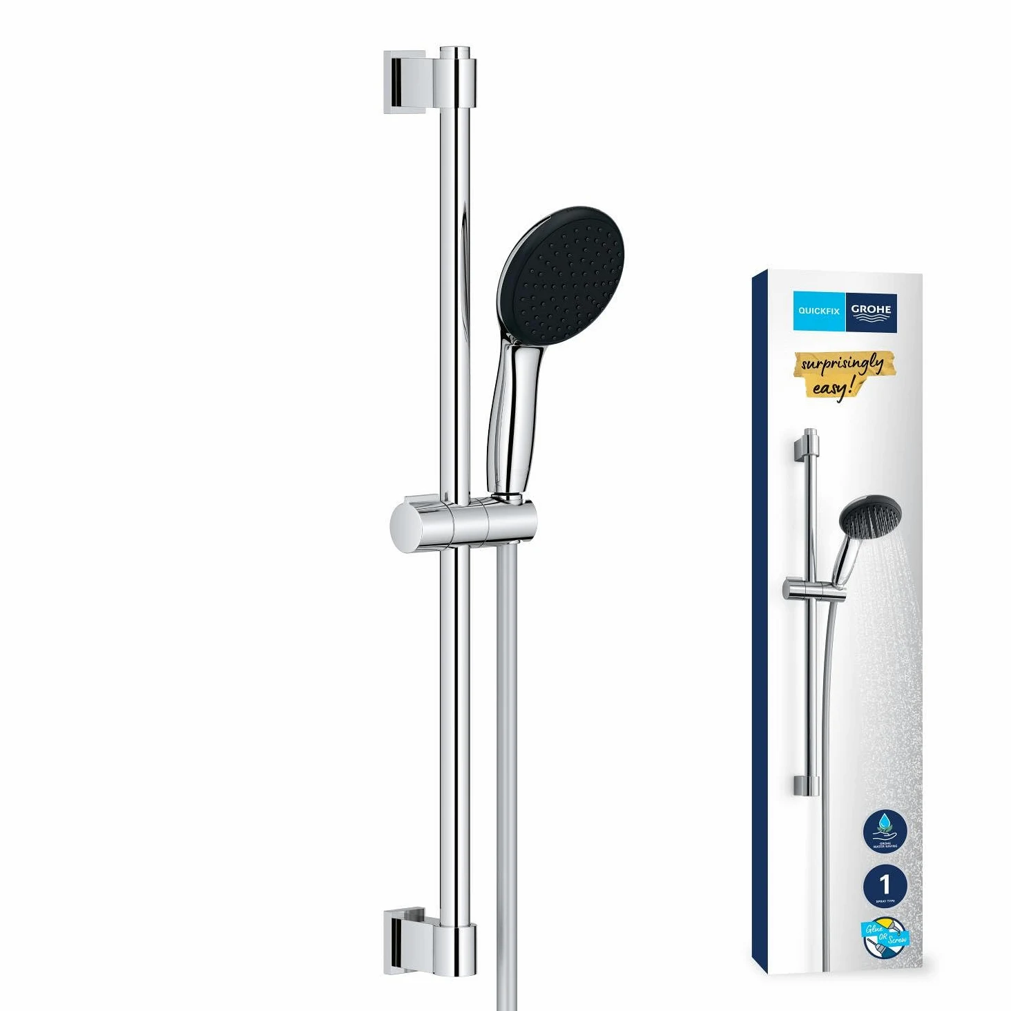 GROHE Vitalio Start 110 Set Saliscendi Doccia (1 getto Rain fisso, asta 600 mm, bordo in silicone antiurto, SpeedClean anticalcare), Cromo, 27942001
