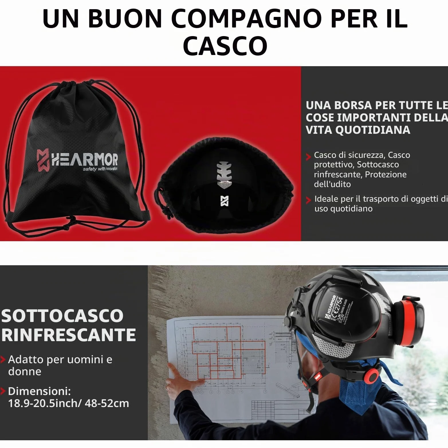 HEARMOR Casco protettivo 3 in 1 con protezione dell'udito e visiera, casco da lavoro certificato EN 397 per lavori di foresta, costruzione e arrampicata, con tasca portatile e inserto rinfrescante per