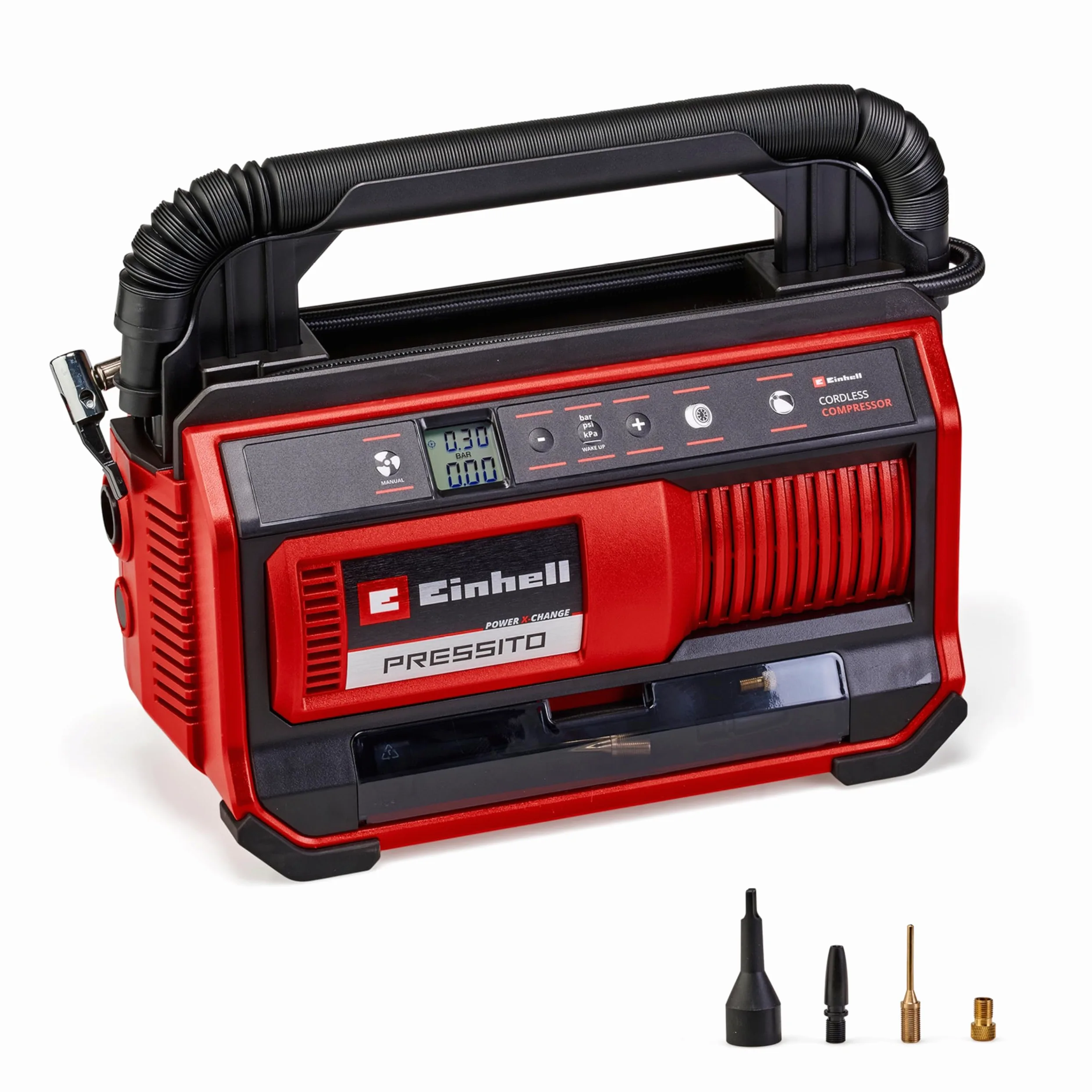 Einhell Compressore a batteria PRESSITO 18/25 Power X-Change(18 V, max. 11 bar, incl. kit 3 adattatori, incl. tubo flessibile alta press. 71 cm e tubo flessibile bassa press. 1,6 m, senza batteria)