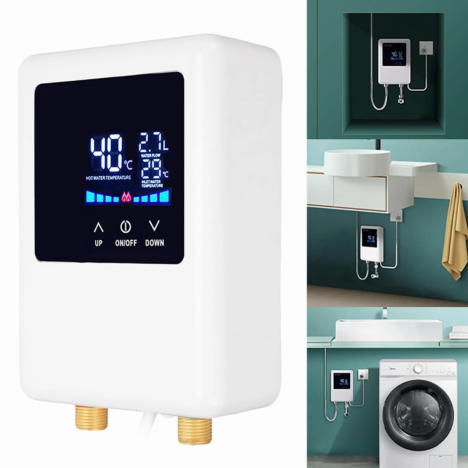 Scallo Idrico Senza Serbatoio, Scaldabagno Istantaneo Elettrico 3000W con Schermo LCD, Sotto la Parete del Lavandino, Riscaldatori Termostati di Conversione di Frequenza per (EU)
