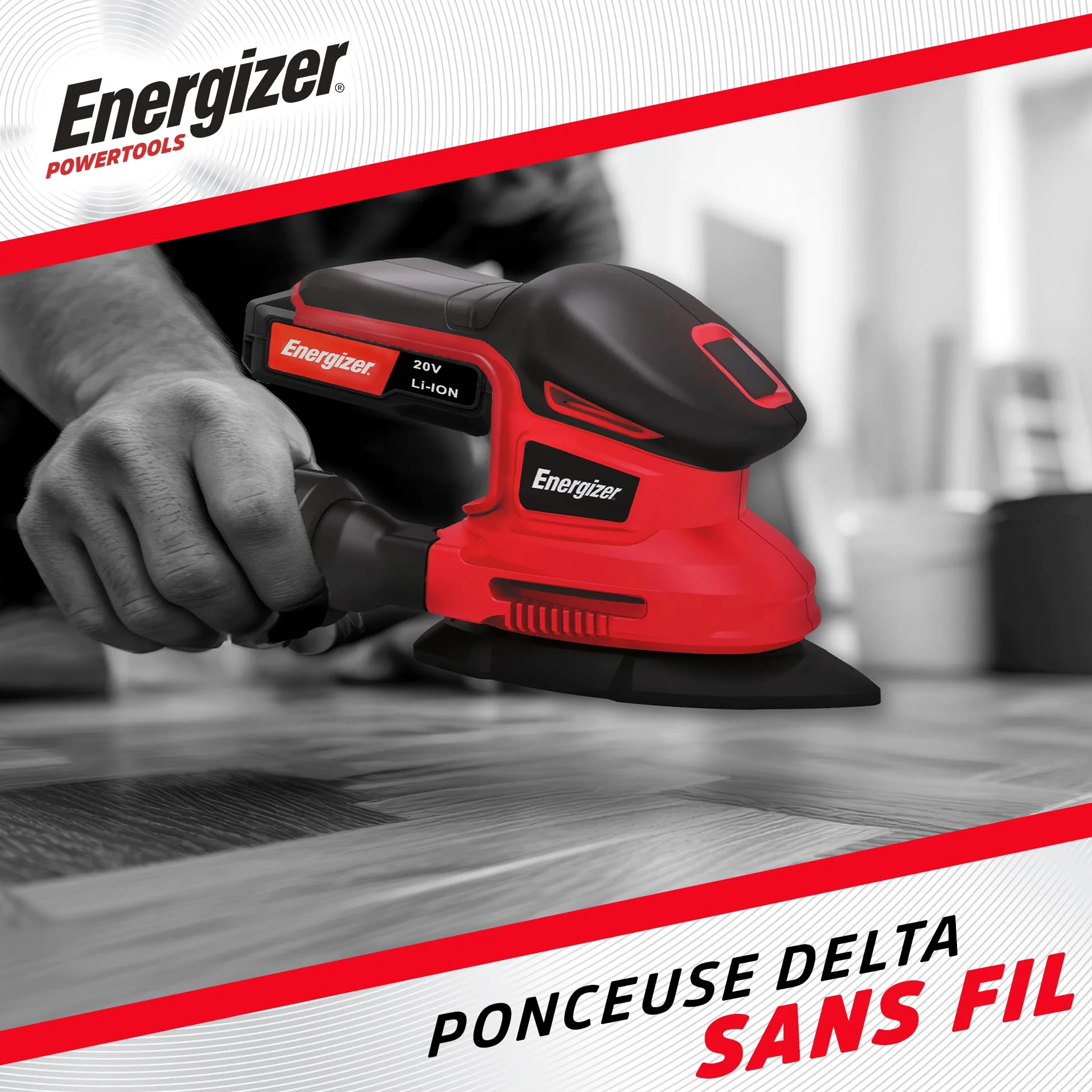 Energizer - Levigatrice Orbitale Multifunzione Triangolare Senza Fili 20V con Batterie Incluse – 10000 OPM, Sacchetto Aspirapolvere, 10 Fogli Abrasivi Inclusi (P60/80/120), Ideale per Finiture e Fa