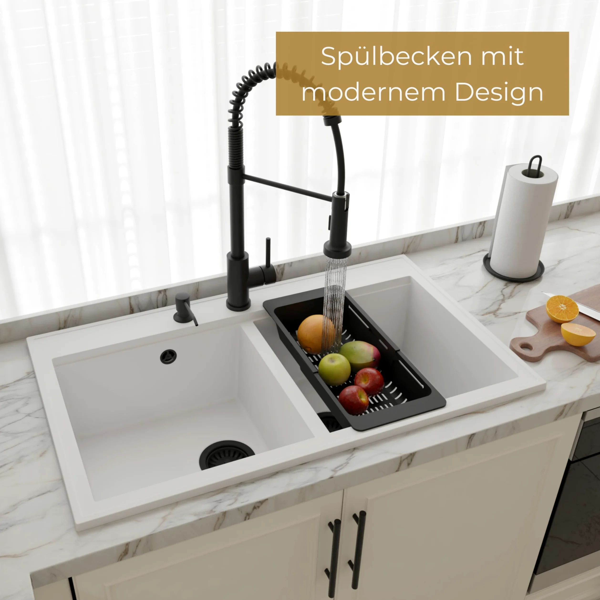 SINK QUALITY Lavello doppio nero 86 x 50 cm, doppio lavello con sifone e impregnante, lavello in granito 2 vasche – lavello da cucina a partire da mobile sottolavello da 85 cm
