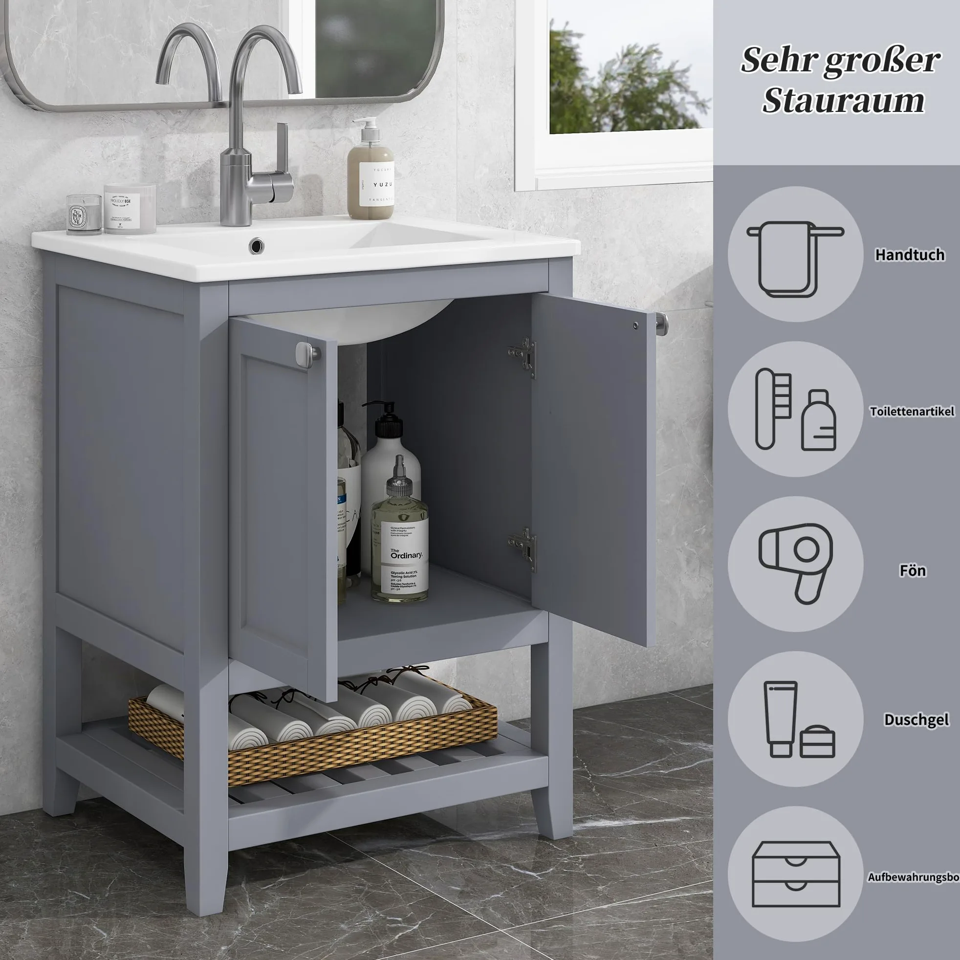 Mobile da bagno singolo con base 60 cm con lavabo in ceramica, grigio chiaro