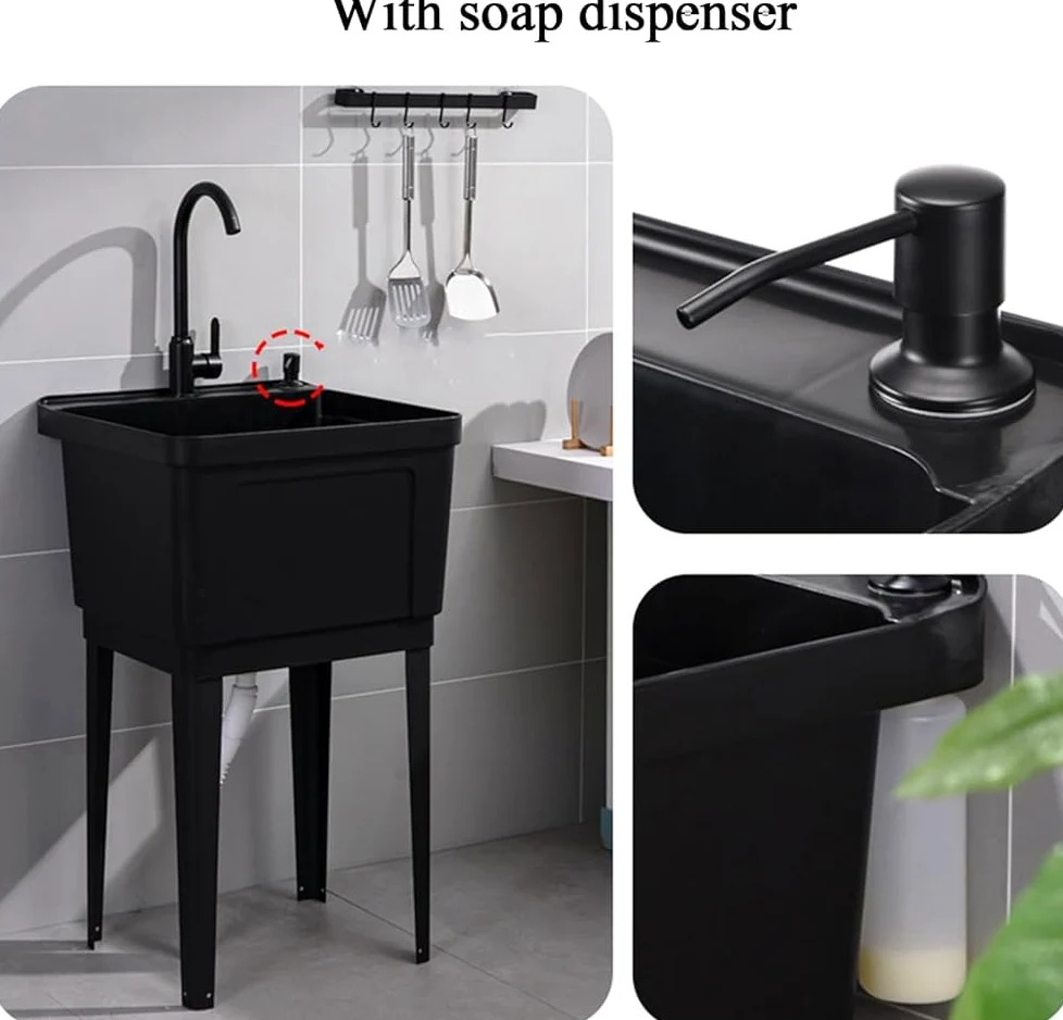 Lavandino autoportante in plastica resistente con rubinetto girevole e dispenser di sapone, grande stazione di lavaggio e drenaggio per lavanderia, cantina, garage (colore: bianco)
