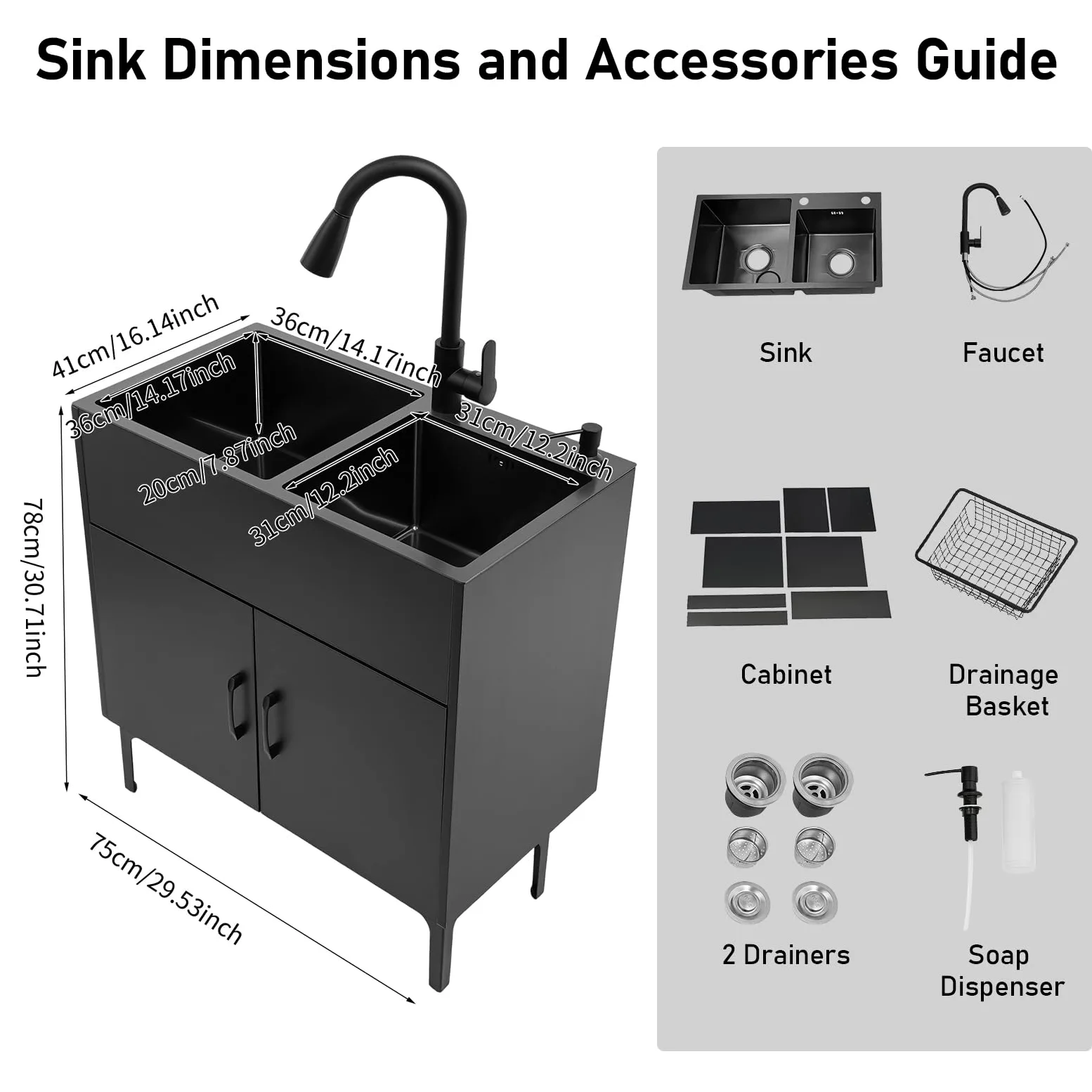 Lavello da cucina indipendente con mobile sottostante e rubinetto estraibile, lavandino in acciaio inox con cestello sgocciolante, 75x41x78cm. Lavello con mobile sottostante, lavabo per ristoranti