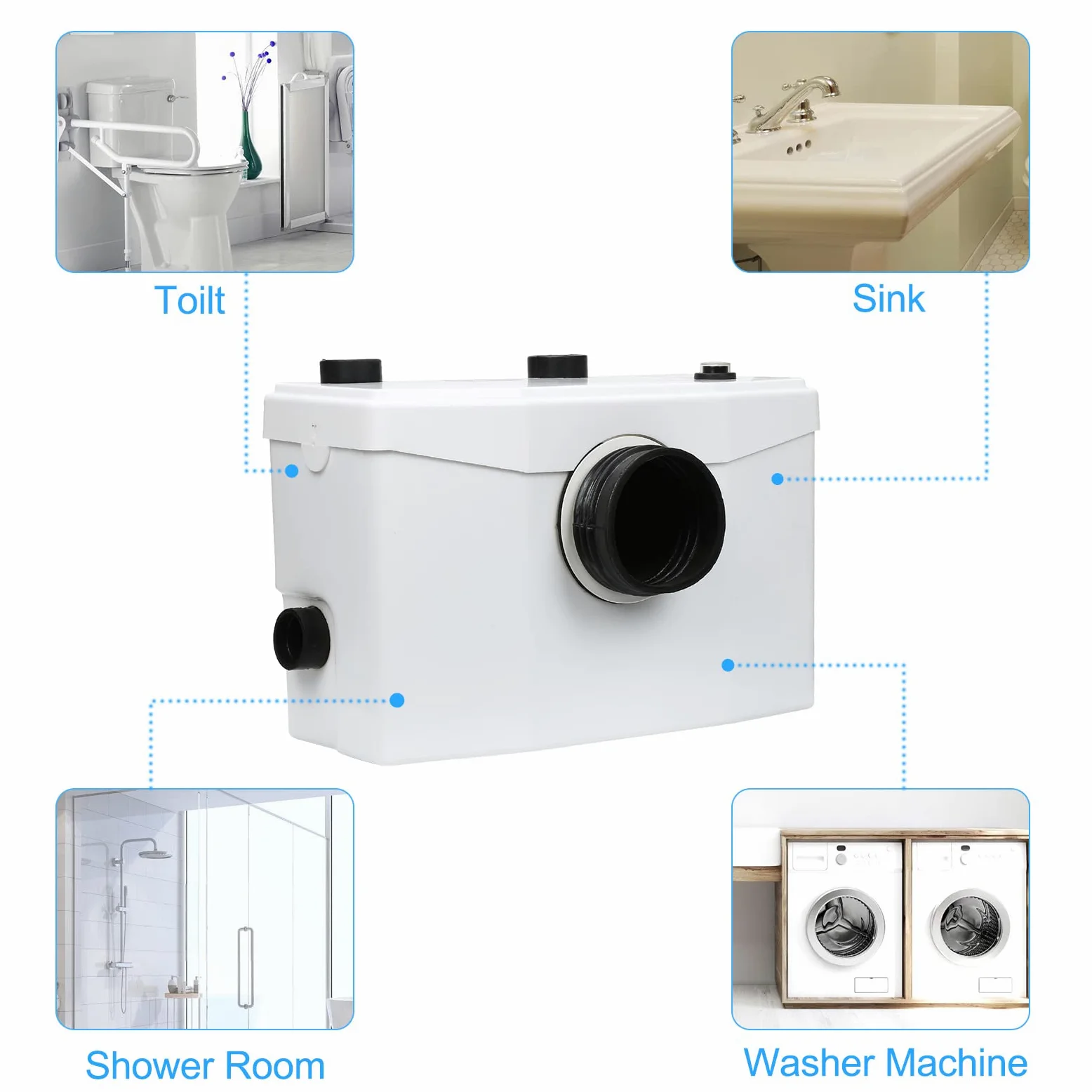 Fiqops Pompa di Sollevamento per Lavatrice, 700W 190 L/min, Pompa per Acque Reflue con 4 Ingressi, Pompa Domestica per Doccia, Vasca da Bagno, Lavandino, Lavatrice, Lavastoviglie
