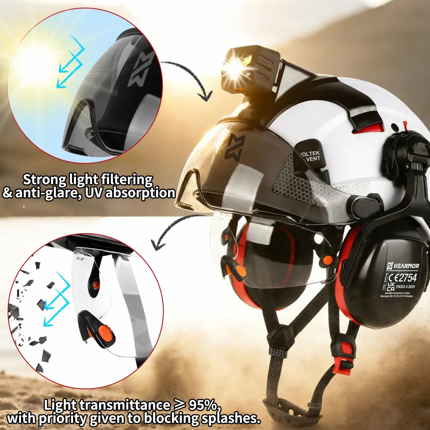HEARMOR Voltek Casco di protezione industriale certificato CE EN397 con lampada a LED + visiera e protezione dell'udito | per lavori forestali, lavori di costruzione e arrampicata | Casco da lavoro di