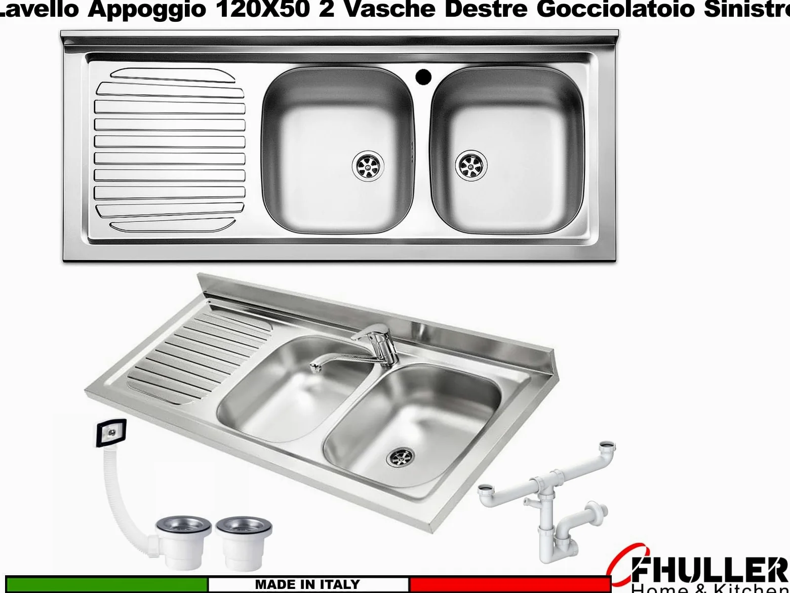 Lavello FHULLER Monostampo Da Appoggio 120X50 In Acciaio Inox AISI 304 Con Due Vasche a DESTRA e Gocciolatoio a SINISTRA Per Sottolavello da 120 Cucina Componibile Modello Pisa PI1202MLPC