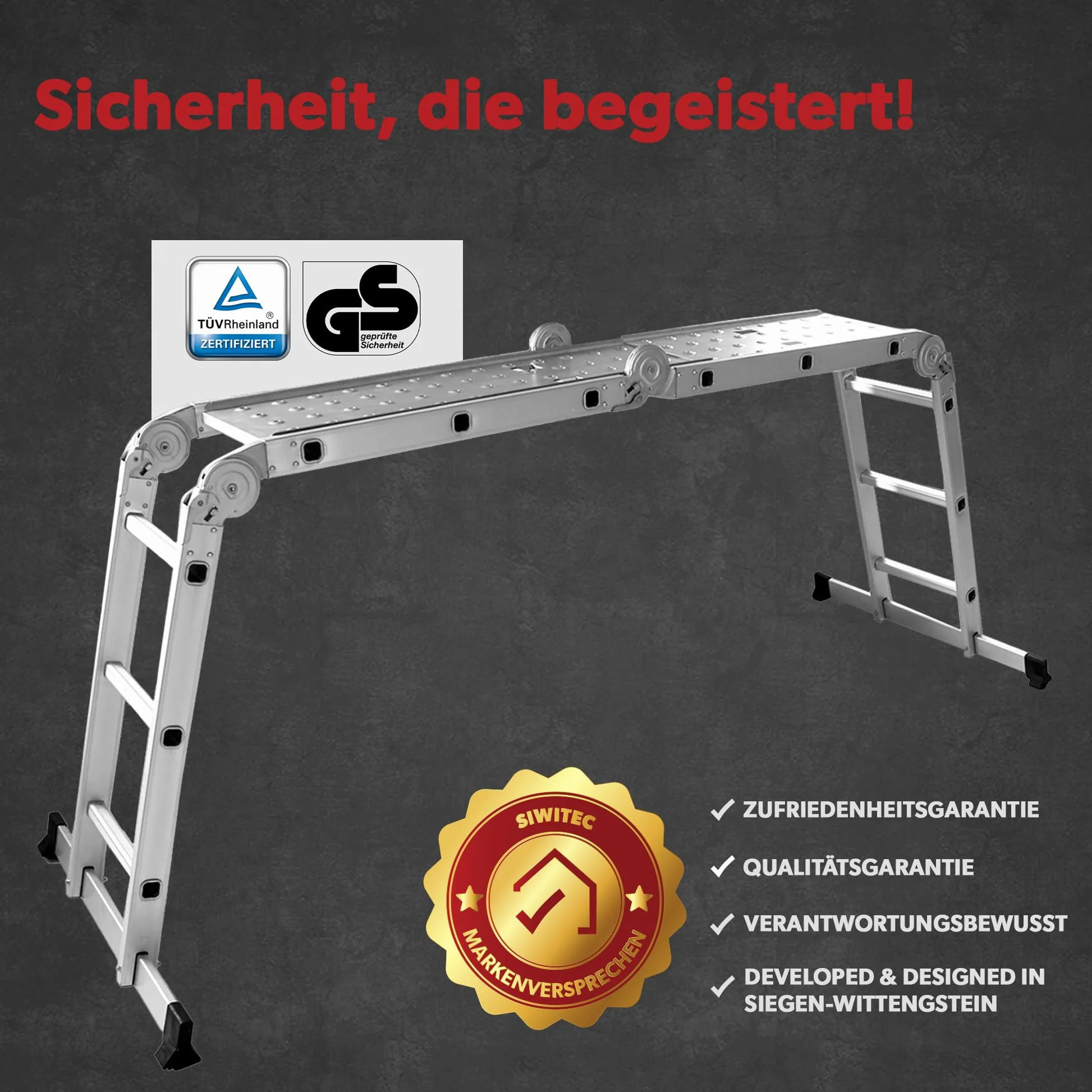 siwitec Scala multiuso 4 x 3 gradini, scala con 2 piastre di ponteggio, scala a pioli fino a 150 kg, scala in alluminio, scala domestica, 12 gradini, certificata TÜV/GS