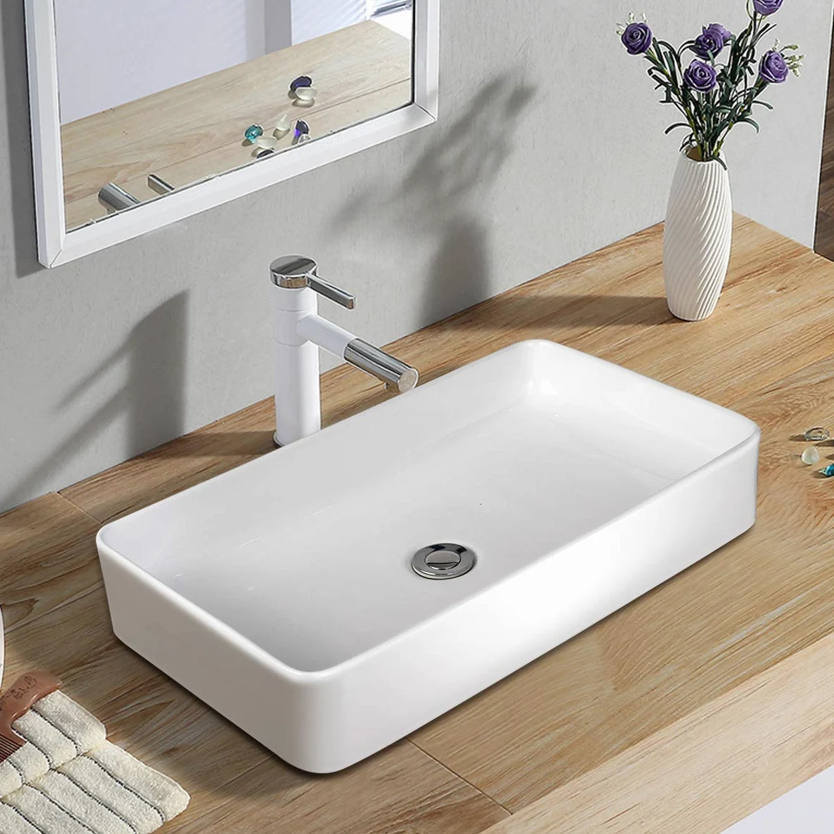 LIFEZEAL Lavandino Bagno, Lavabo da Appoggio, 60 x 35 x 11 cm, Lavabo Bagno, Glassa in Porcellana, Rettangolare, Scarico Escamotable, Ideale per Casa Ristorante e Hotel, Bianco