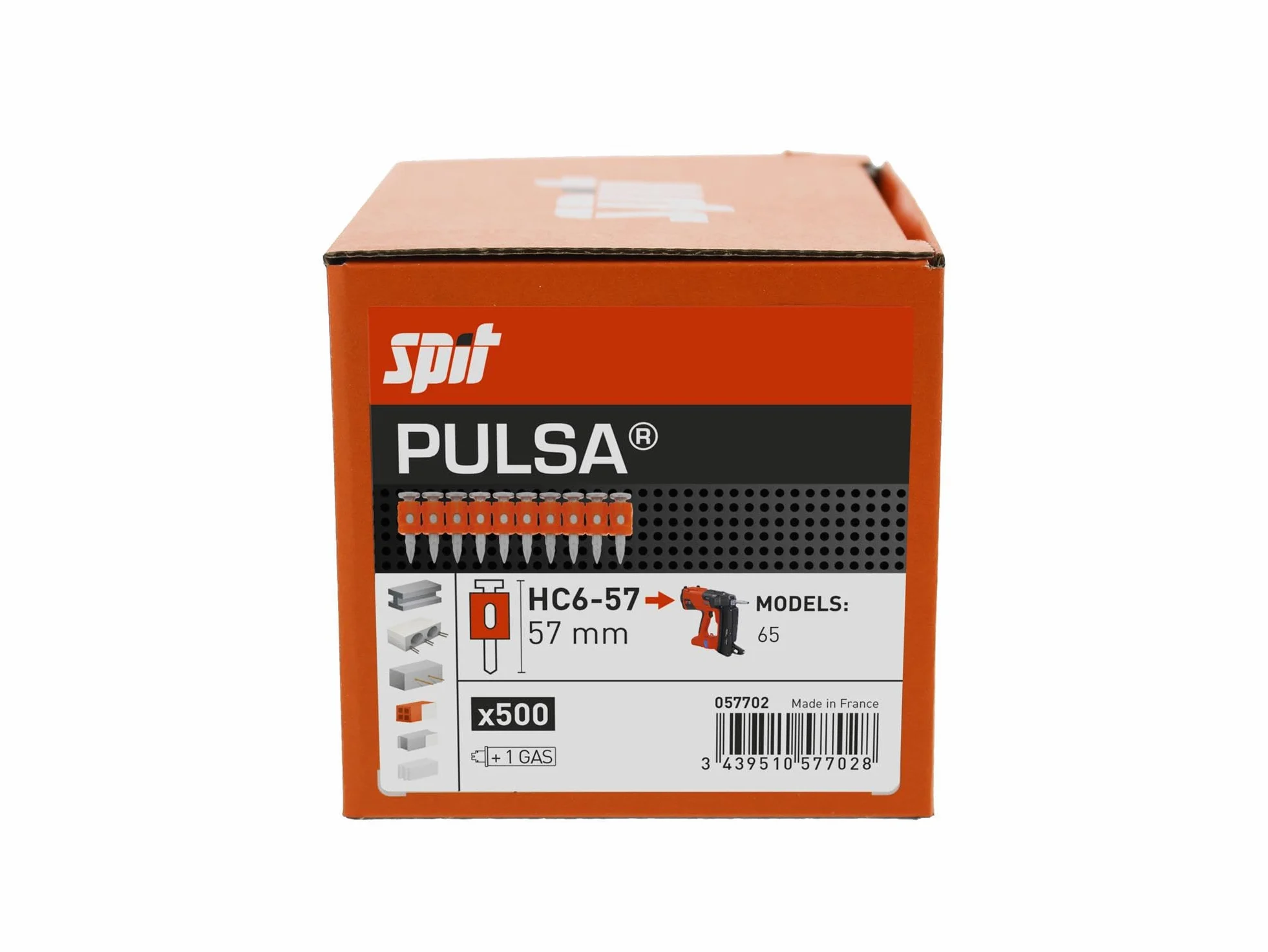 Chiodi ad alte prestazioni per acciaio, calcestruzzo duro e precompresso, confezionati con bombolette di gas, per chiodatrice Spit Pulsa 65 (HC6-57 da 57 mm)