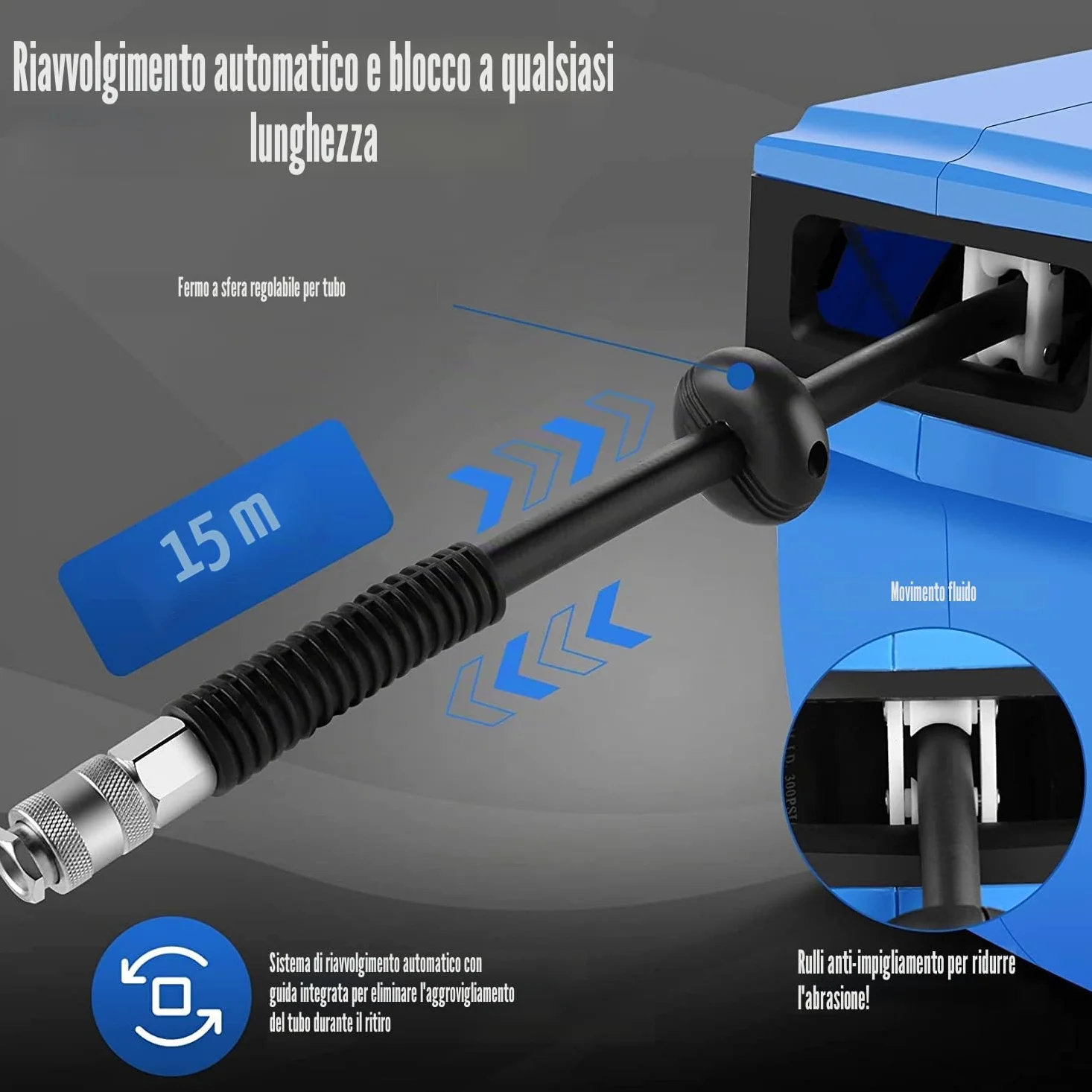 Avvolgitubo ad Aria Compressa con 9,5mm x 15m + 1.5m Tubo, 1/4" BSPT Raccordi Rapidi, Avvolgitubo da Parete per Aria Compressa, Arrotolatore Riavvolgimento Automatico, Max 12 Bar
