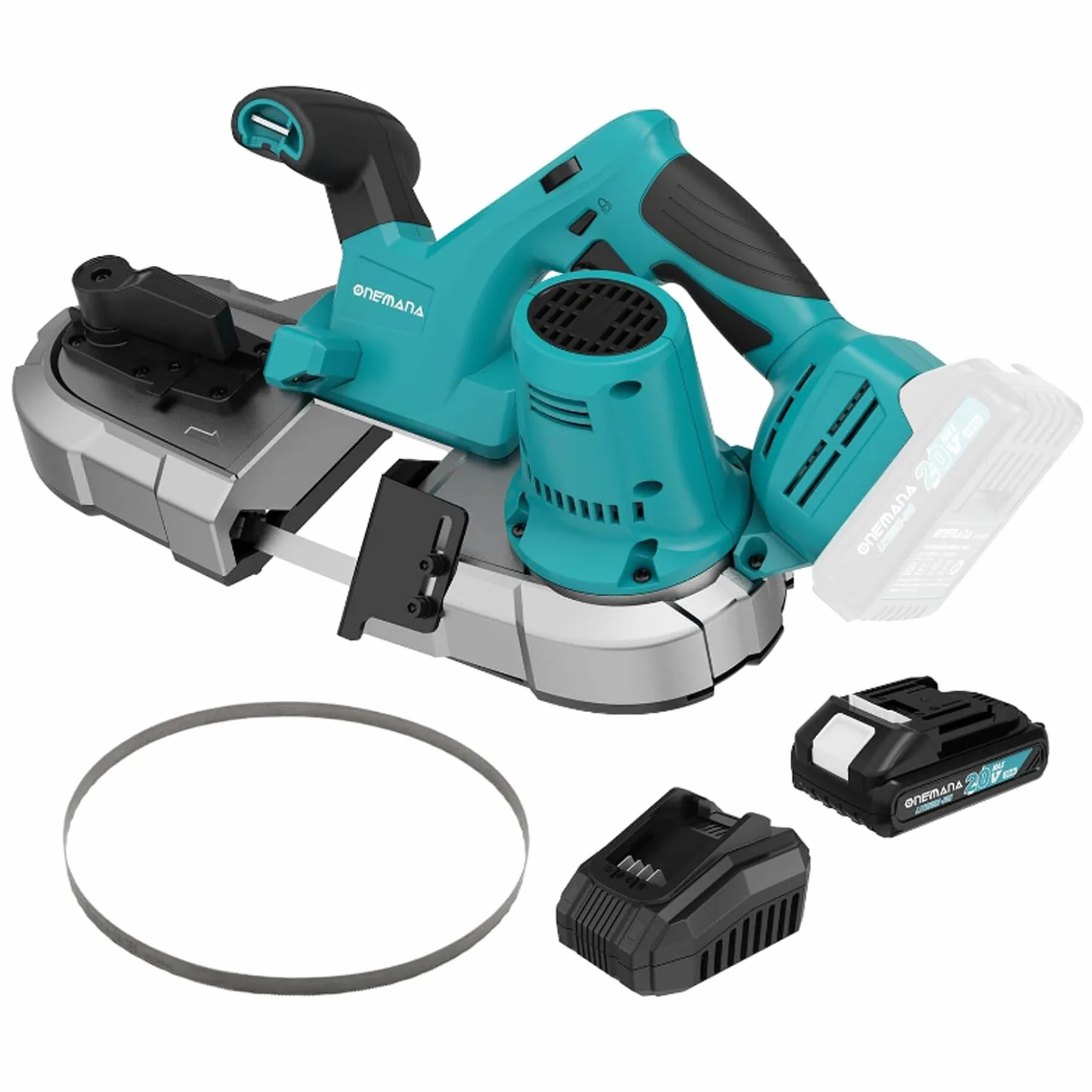Sega a Nastro Portatile 2.5 Pollici, ONEMANA Sierra de Banda a Bateria per Makita con LED 6 Impostazioni di Velocità Nessuna Scintilla Calda Durante il Taglio del Metallo (con Batteria)