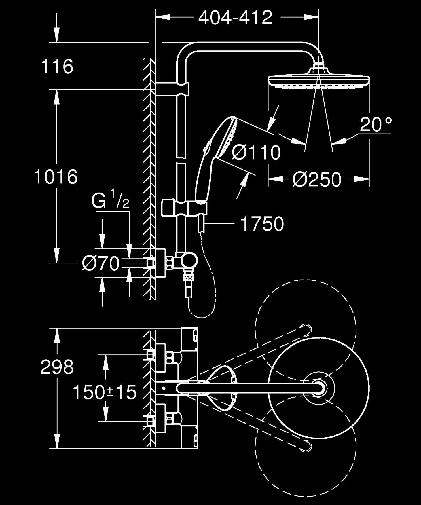GROHE Vitalio Start 250 Colonna Doccia con Termostatico (soffione tondo 25 cm, doccetta 2 getti, termostatico, risparmio idrico), Cromo, 26677001