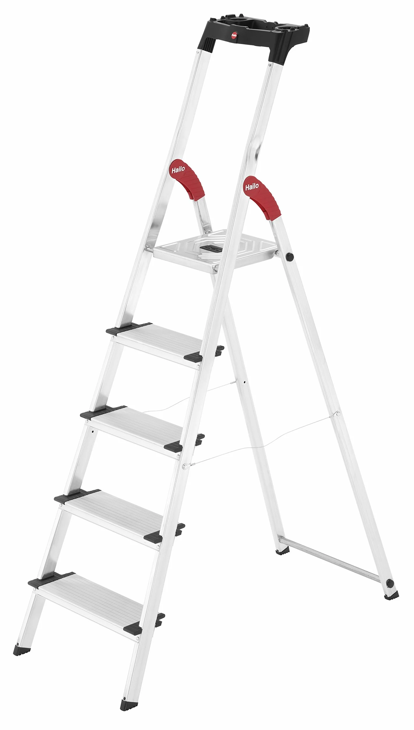 Hailo XXL Scala in Alluminio, 5 Gradini, con Piattaforma, Domestica, Bianco e Rosso