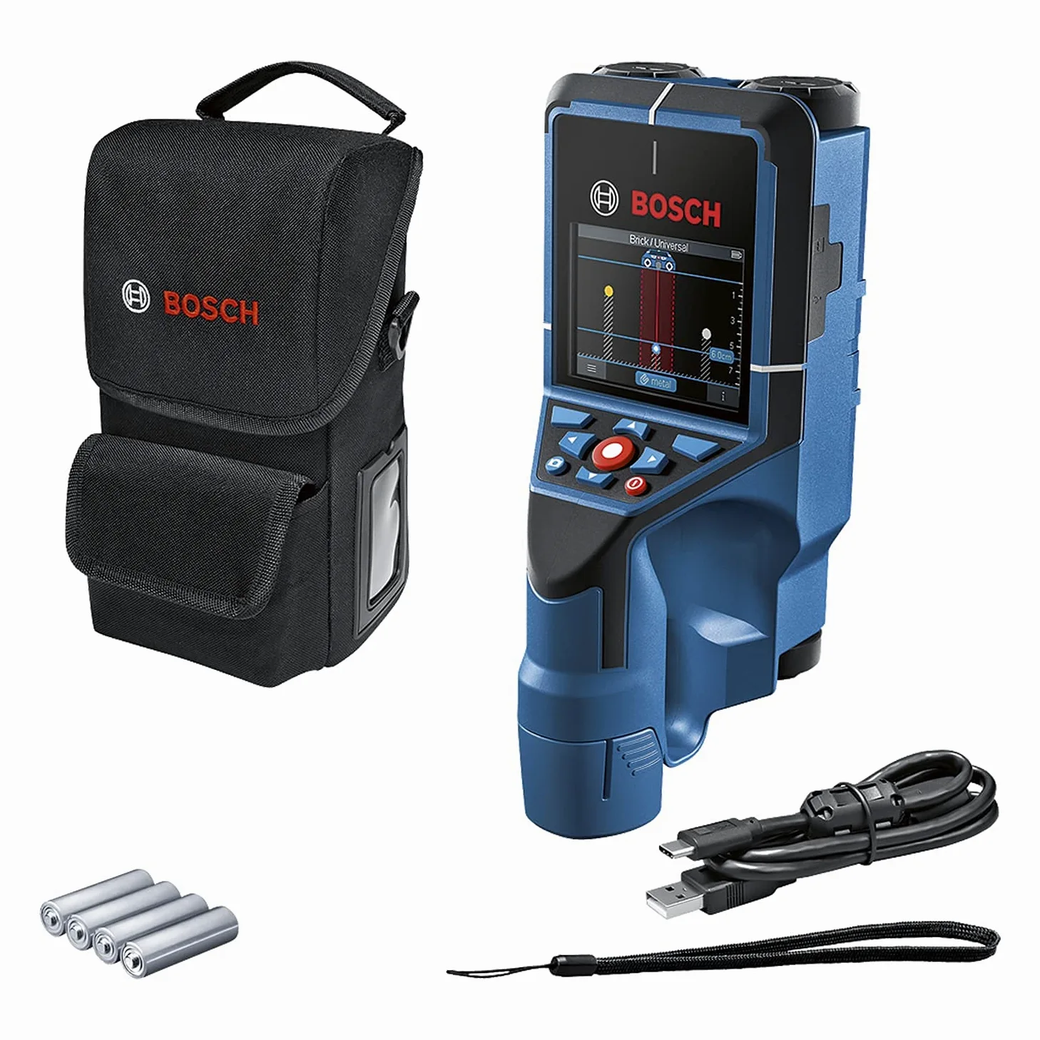 Bosch Professional Wall Scanner D-tect 200 C (rilevamento di cavi non/sotto tensione, metallo, tubi di plastica, montanti in legno e cavità, cavo USB-C™, 4 batterie AA, borsa protettiva)