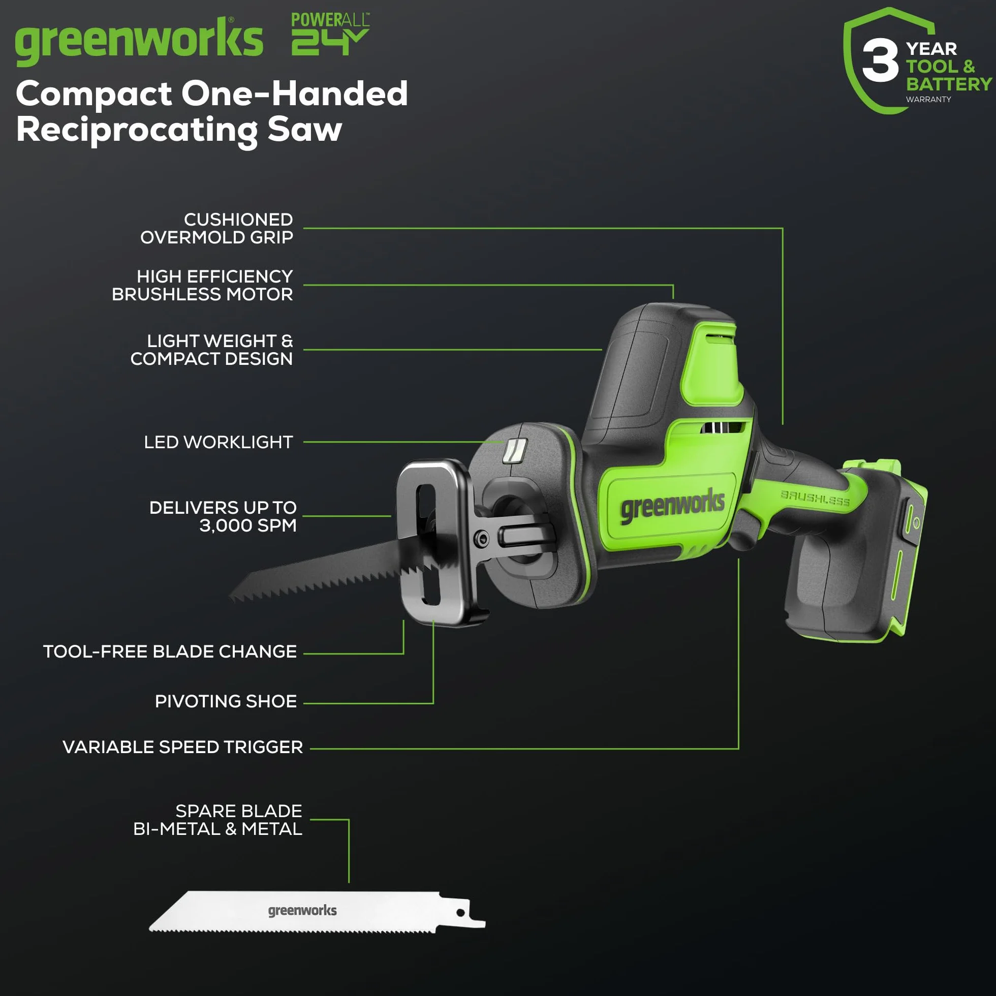 Greenworks 24V Brushless Compact One-Handed Reciprocating Saw (3,000 SPM), Cordless Powered Variable Speed Recip Saw, Battery Not Included