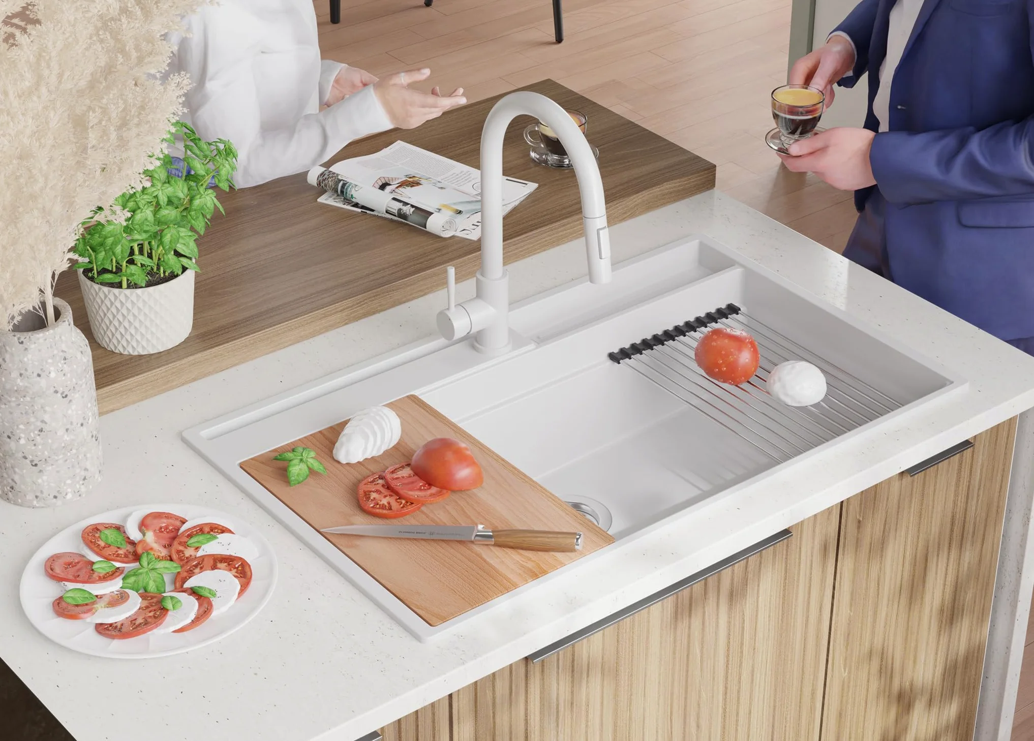 PRIMAGRAN Lavello da Cucina Bianco 88x53cm, Lavandino in Granito a 1 vasca + Sifone Classico, Lavabo da Cucina Incasso al Mobile 90cm - Oslo 90 Pocket S456