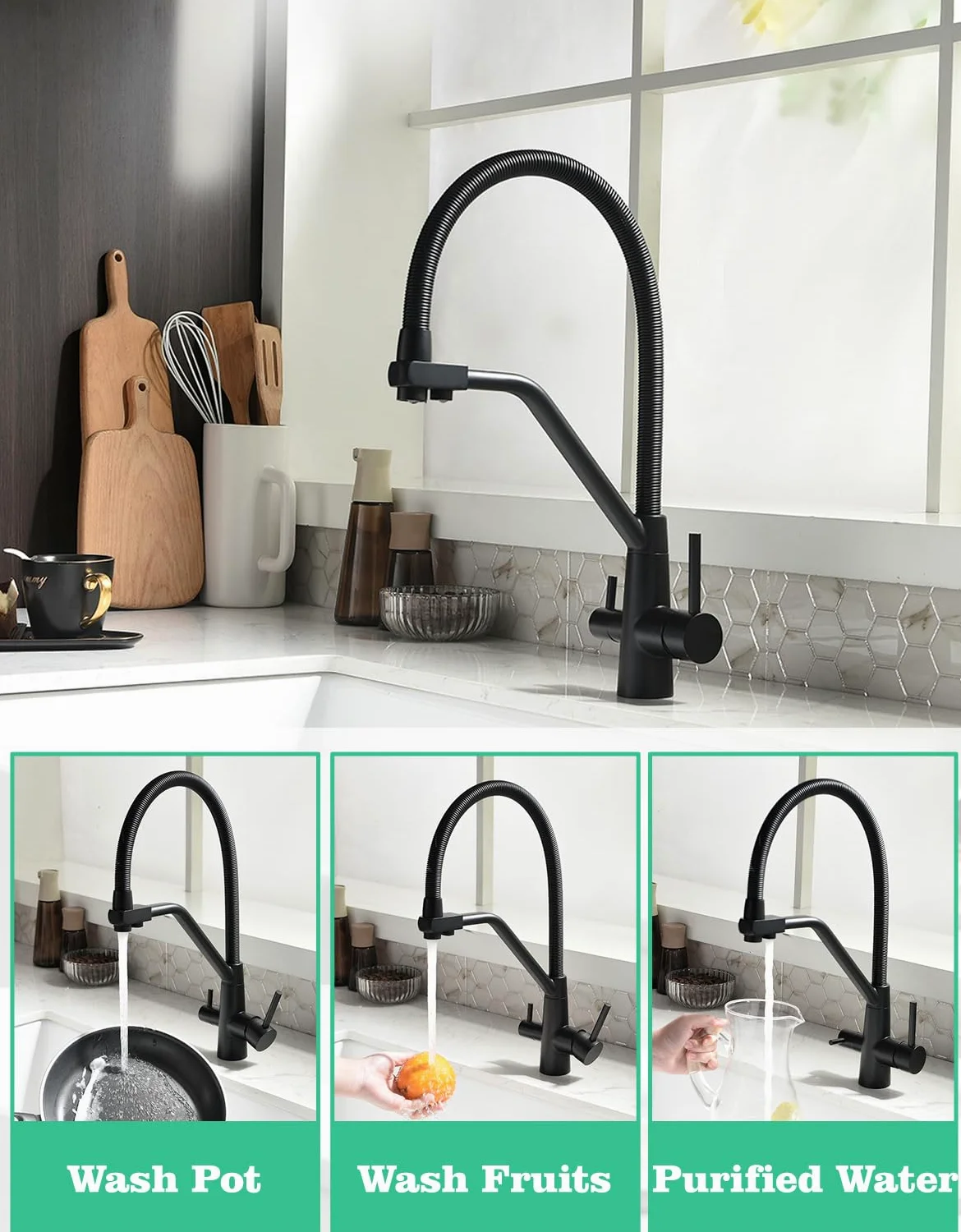 TIMACO - Rubinetto da cucina nero a 3 vie, girevole a 360°, con rubinetto 3 in 1 per filtro dell'acqua, con molla a spirale, con doppia leva, ad alta pressione