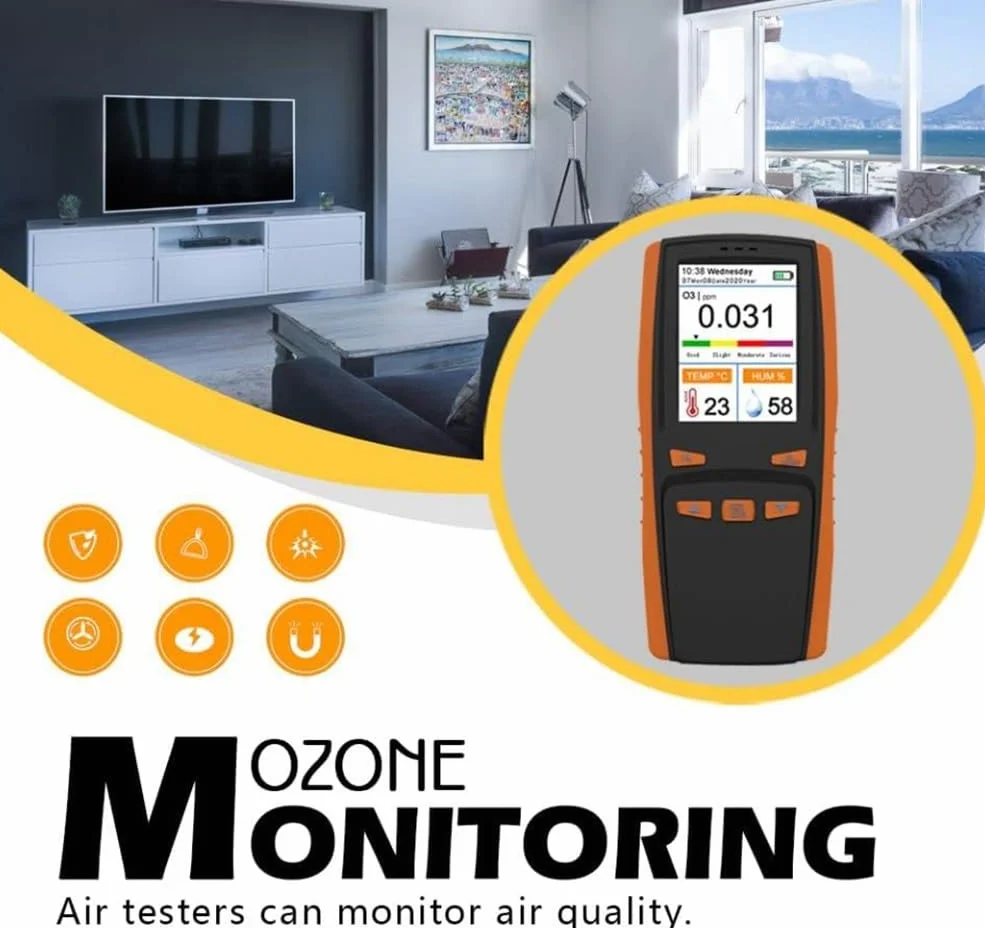 Rilevatore misuratore di ozono in tempo reale, analizzatore di ozono portatile con rilevamento di temperatura e umidità, misuratore di ozono con sensore intelligente portatile, schermo LCD da 2,8"