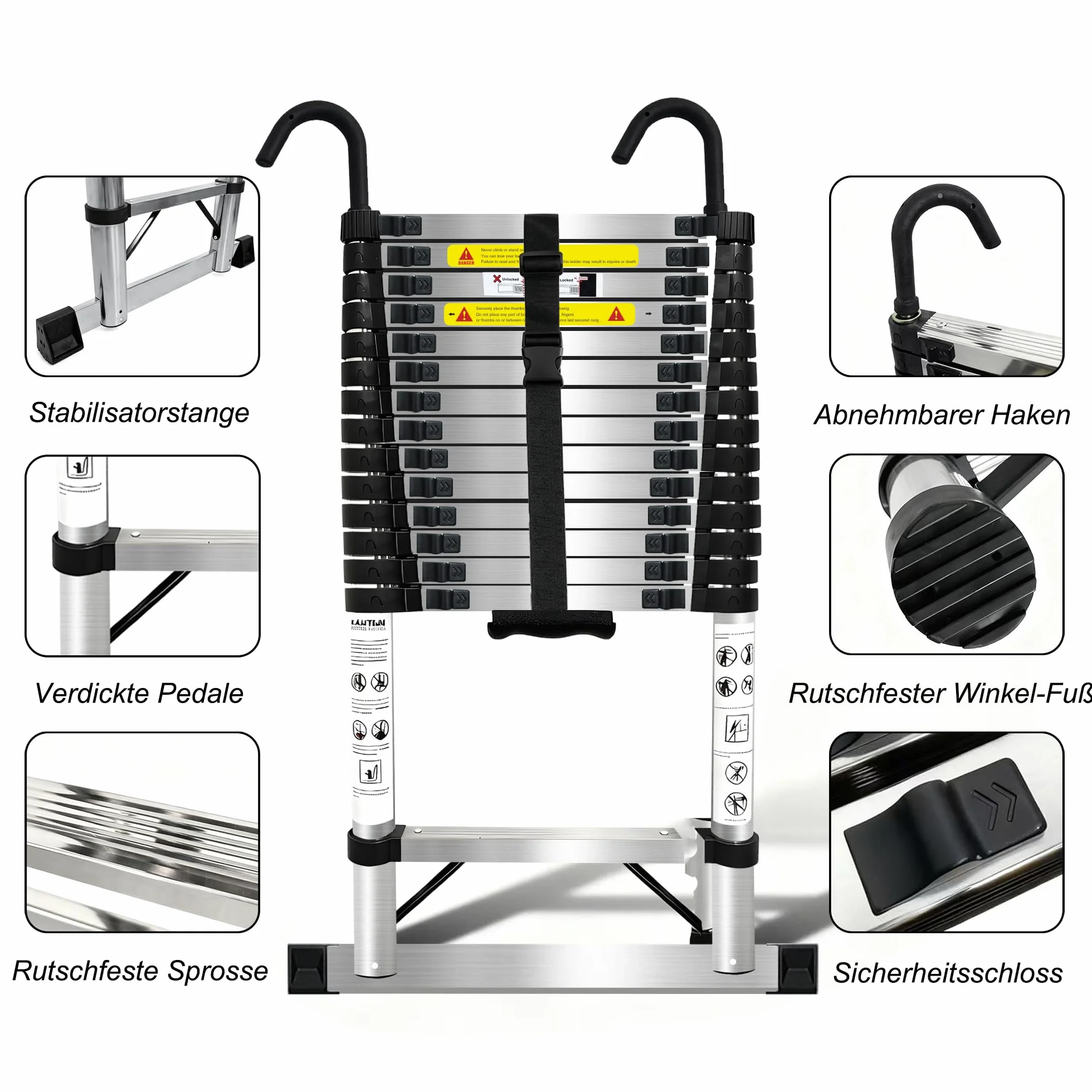 6.3m Scala telescopica in Acciaio Inossidabile,Scala Telescopica Pieghevole con Ganci Staccabili Barra Stabilizzatrice,Scala Retrattile Adatto per Migliorie domestiche Carico 150 KG