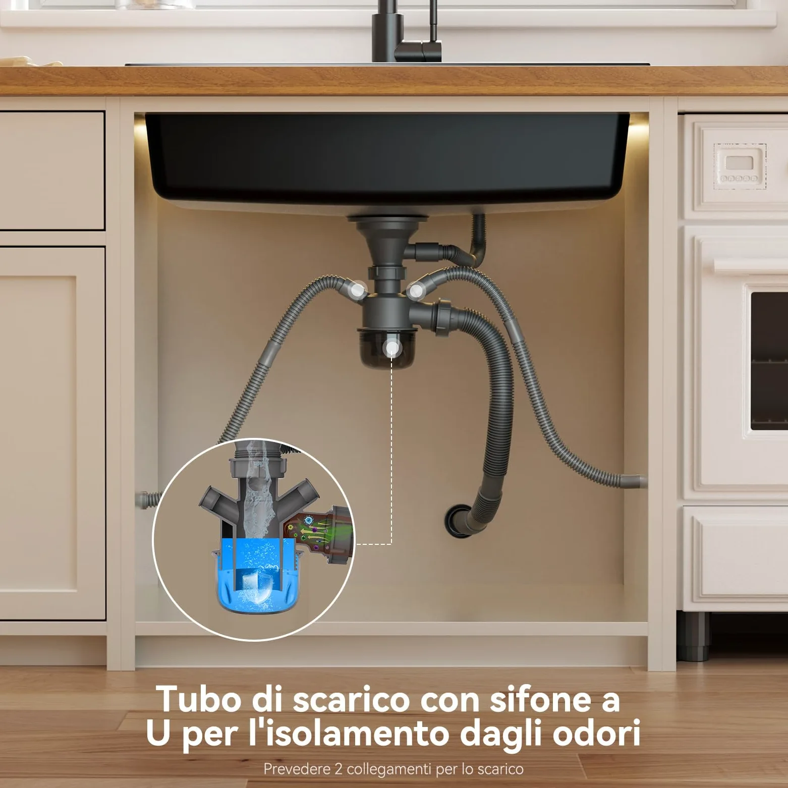 ANYCEE Lavello Cucina Nero 70x46 cm, Lavandino Cucina 1 Vasca con Cestello di Scarico, Lavello Granito per Mobile da 70 cm, Lavandino Nero di 80% Sabbia Quarzo con Sifone e Scarico