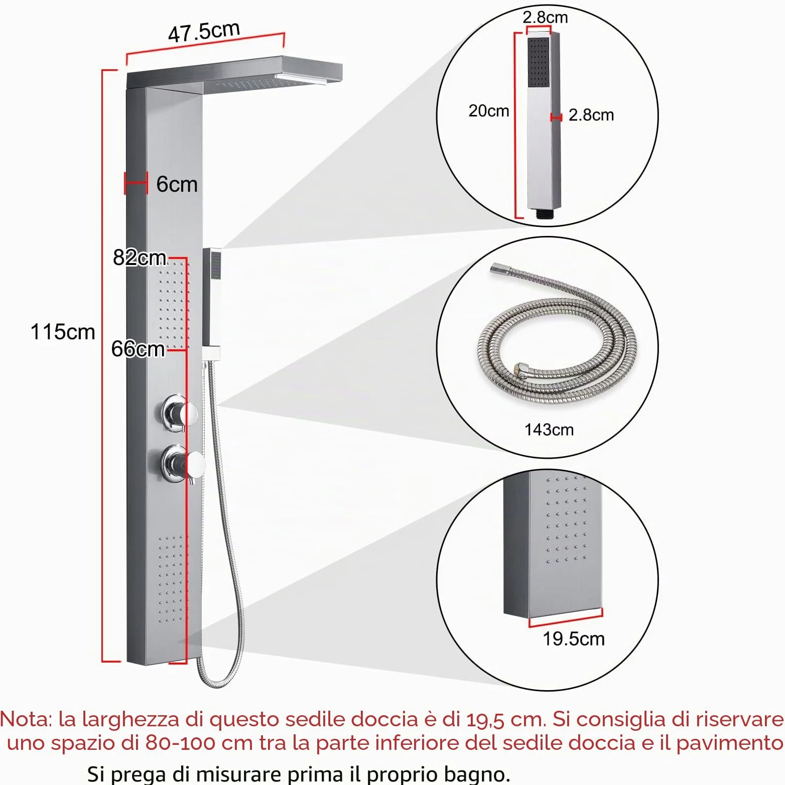 UISEBRT Pannello Doccia Idromassaggio in Acciaio Inox - 4 Funzioni Colonna Doccia Set con per Bagno Inox Sistema Set Doccia con Soffione Fisso,Massaggi,Doccetta e Bocca Vasca (Argento)