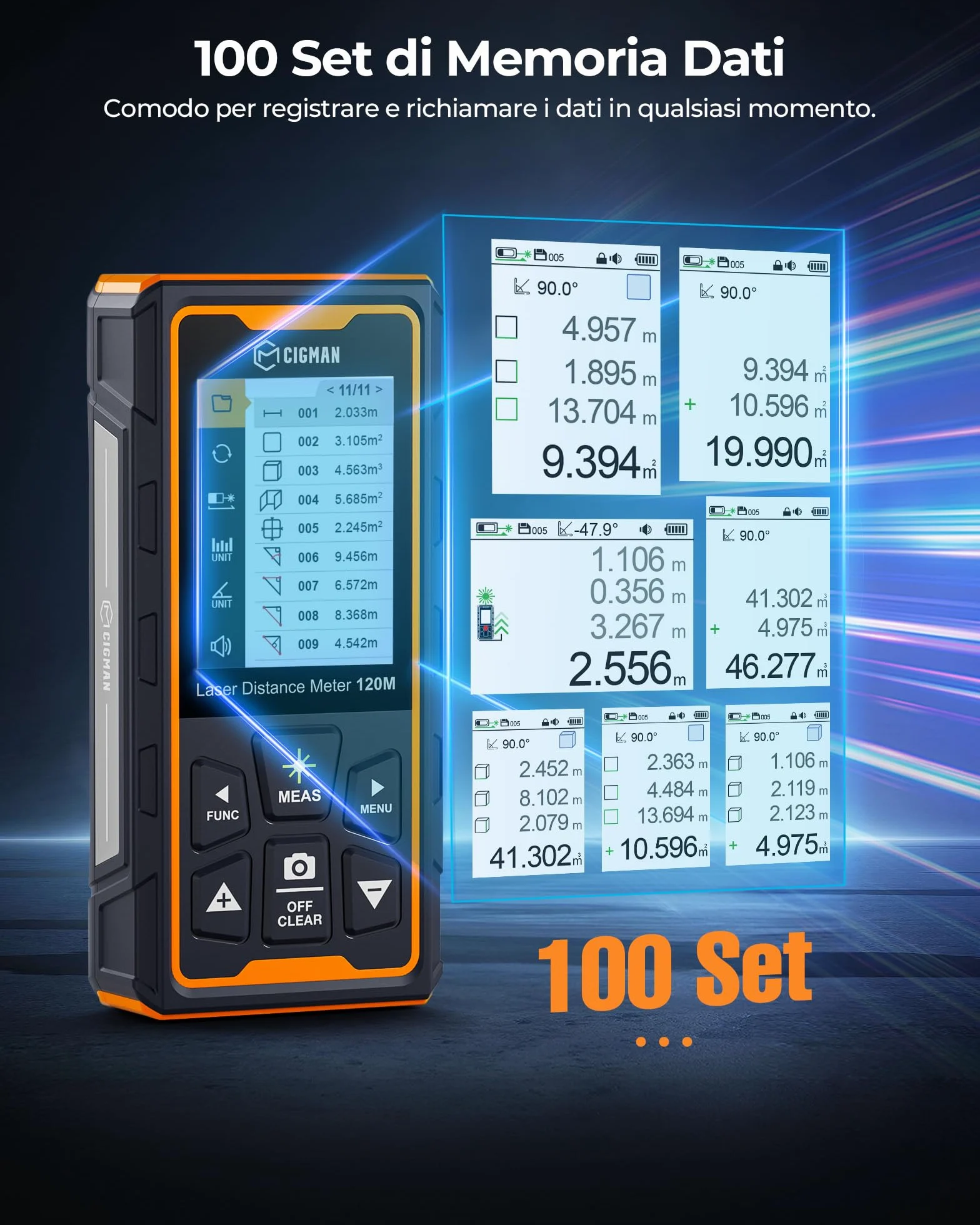 120M Metro laser, CIGMAN telecamera integrata, telemetro laser con fotocamera zoom 4x, schermo LCD, dispositivo di misurazione laser IP65, 16 modalità di misurazione per esterni, (CD-120G)