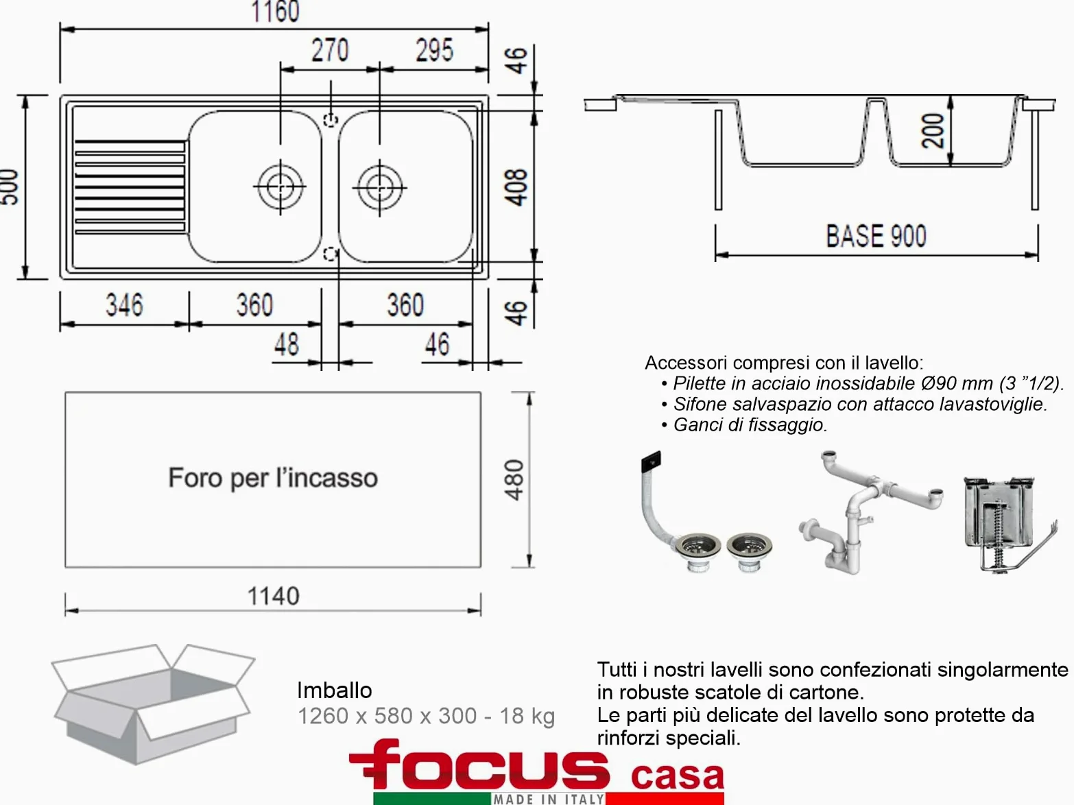 Focus lavello cucina Provenza Terra di Francia 2 vasche con gocciolatoio 116 x 50 cm Made in Italy