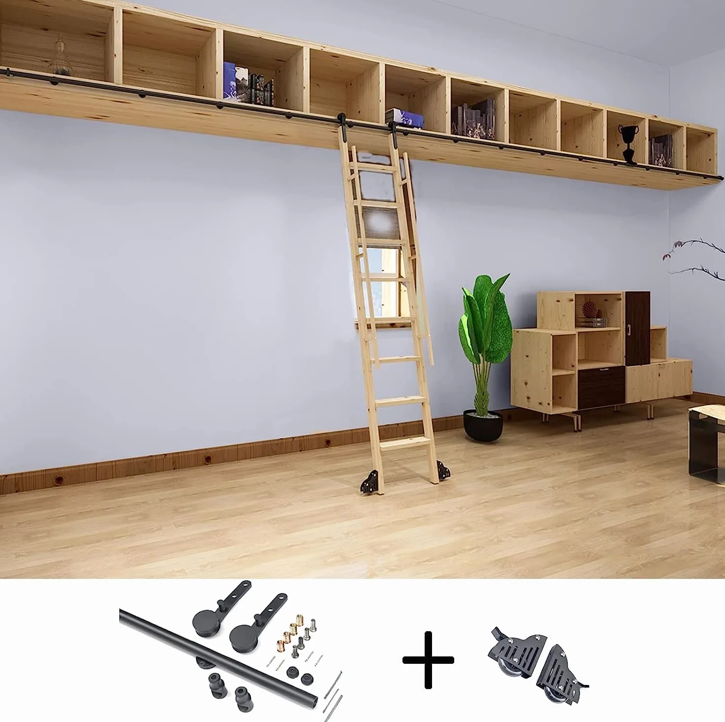 Rolling Ladder Hardware Library Kit di ferramenta per Scala Scorrevole, Hardware per Scala di rotolamento in Acciaio Nero, Home Office Library Kit di binari scorrevoli in Stile fienile (con
