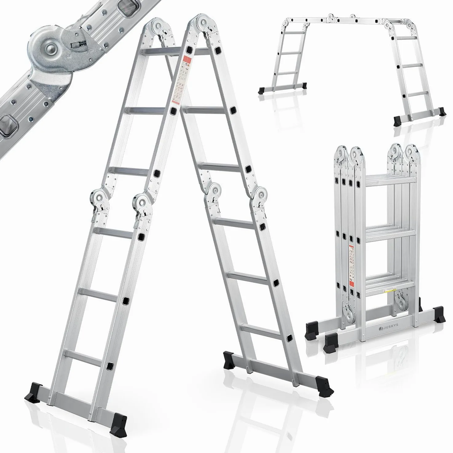 Scala multifunzionale pieghevole in alluminio Juskys 3x4 gradini, 3,6 m, portata fino a 150 kg – snodabile in 4 pezzi