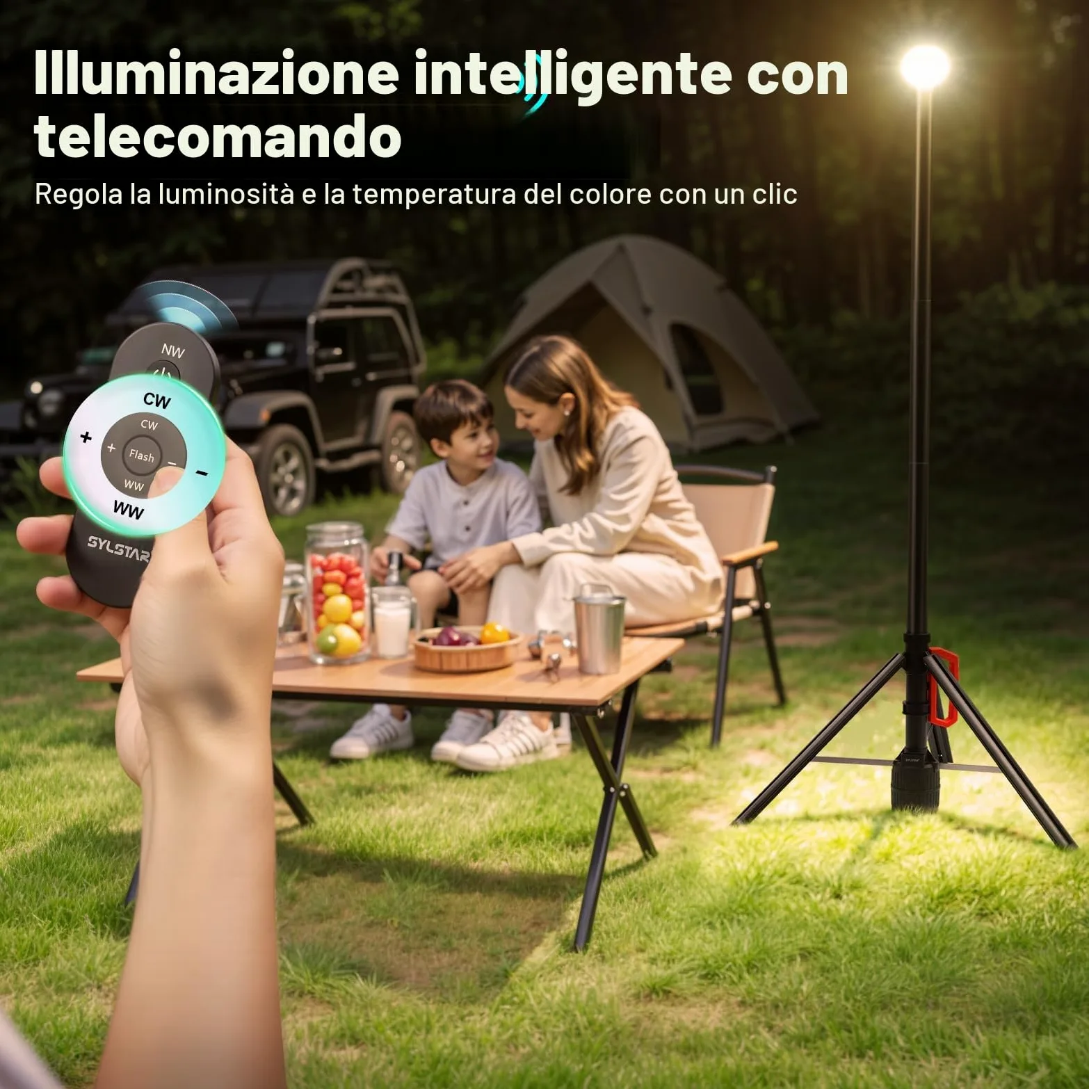 SYLSTAR Faro LED Ricaricabile con Telecomando e Treppiede Telescopico (2,65 m), 3000LM Ultra Luminoso Faretto a Batteria, 3CCT Regolabile, Faro da Cantiere per Officine Sport Campeggio Emergenze