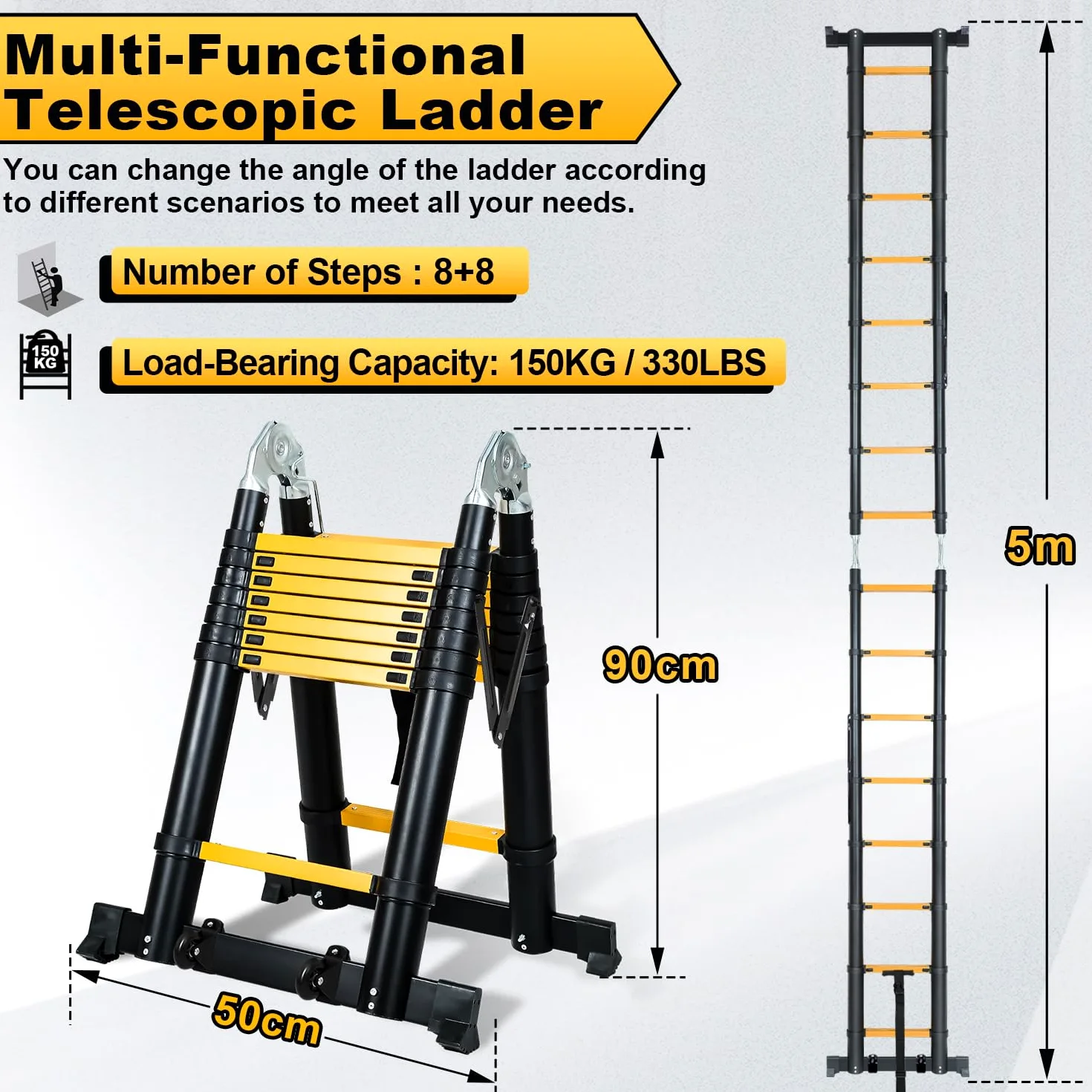 Scala telescopica in alluminio, 5 m, telescopica multifunzione, antiscivolo, pieghevole, portata 150 kg, scala in alluminio per giardino, colore nero/giallo