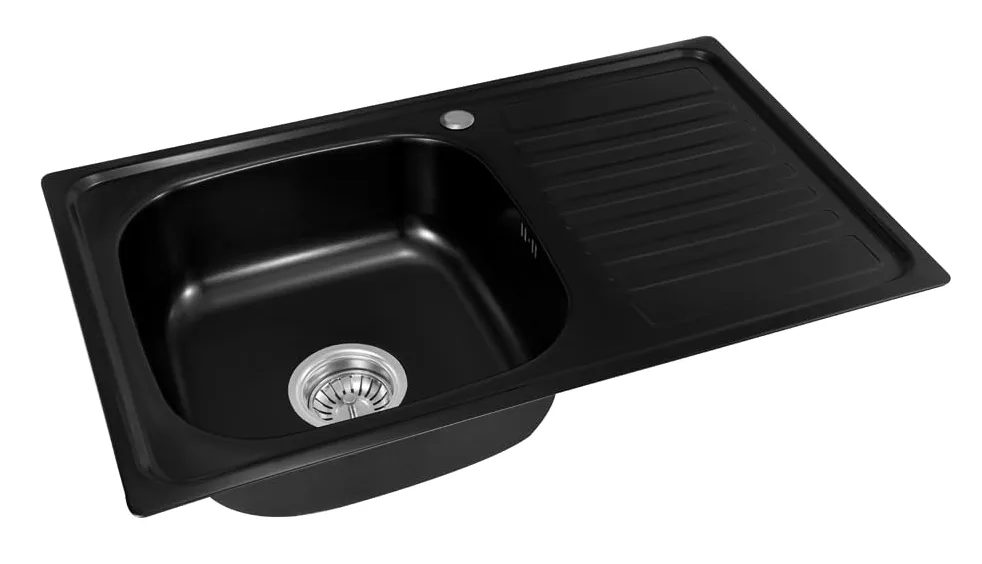 Lavello da incasso, Lavello da cucina in acciaio inox 304, spessore del materiale 0,8 mm, lavello da cucina 1 vasca, scolapiatti rettangolare 80L x 50P x 18A (scolapiatti a destra - nero)
