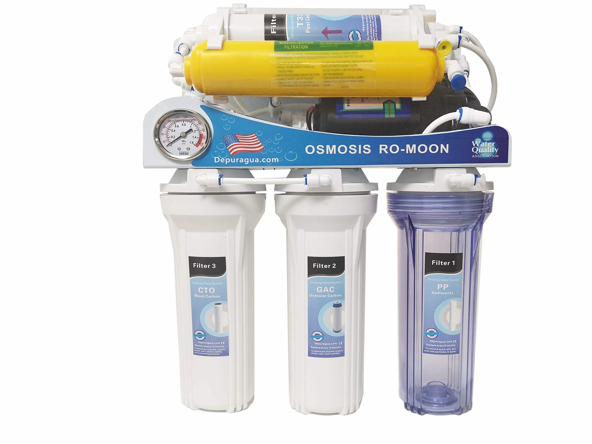 Depuragua - Impianto Osmosi Inversa Moon 75GPD a 6 Fasi | Pompa e Manometro Inclusi | Rubinetto Lux Monocomando | Sistema di Remineralizzazione | Accessori per Installazione Inclusi, Bianco, Metallo.