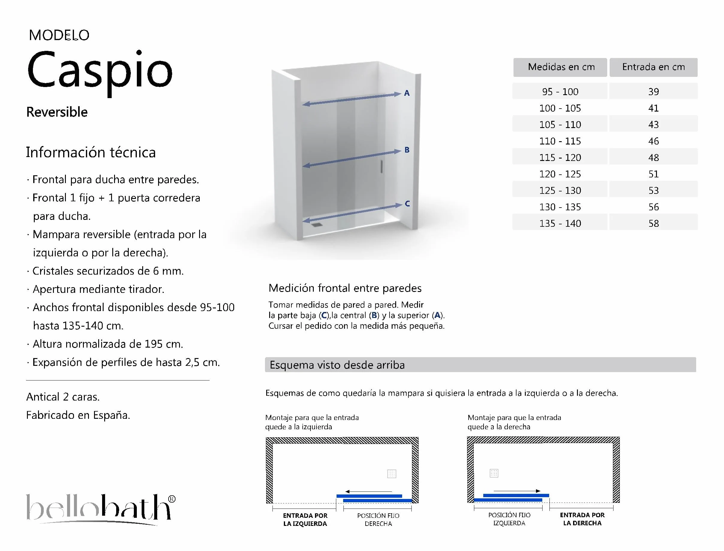 BELLOBATH - Box doccia per nicchia - Cabina doccia con una porta scorrevole - Larghezza 125-130 cm x 195 cm - Vetro di sicurezza anticalcare da 6 mm su entrambi i lati - Profili argento lucido