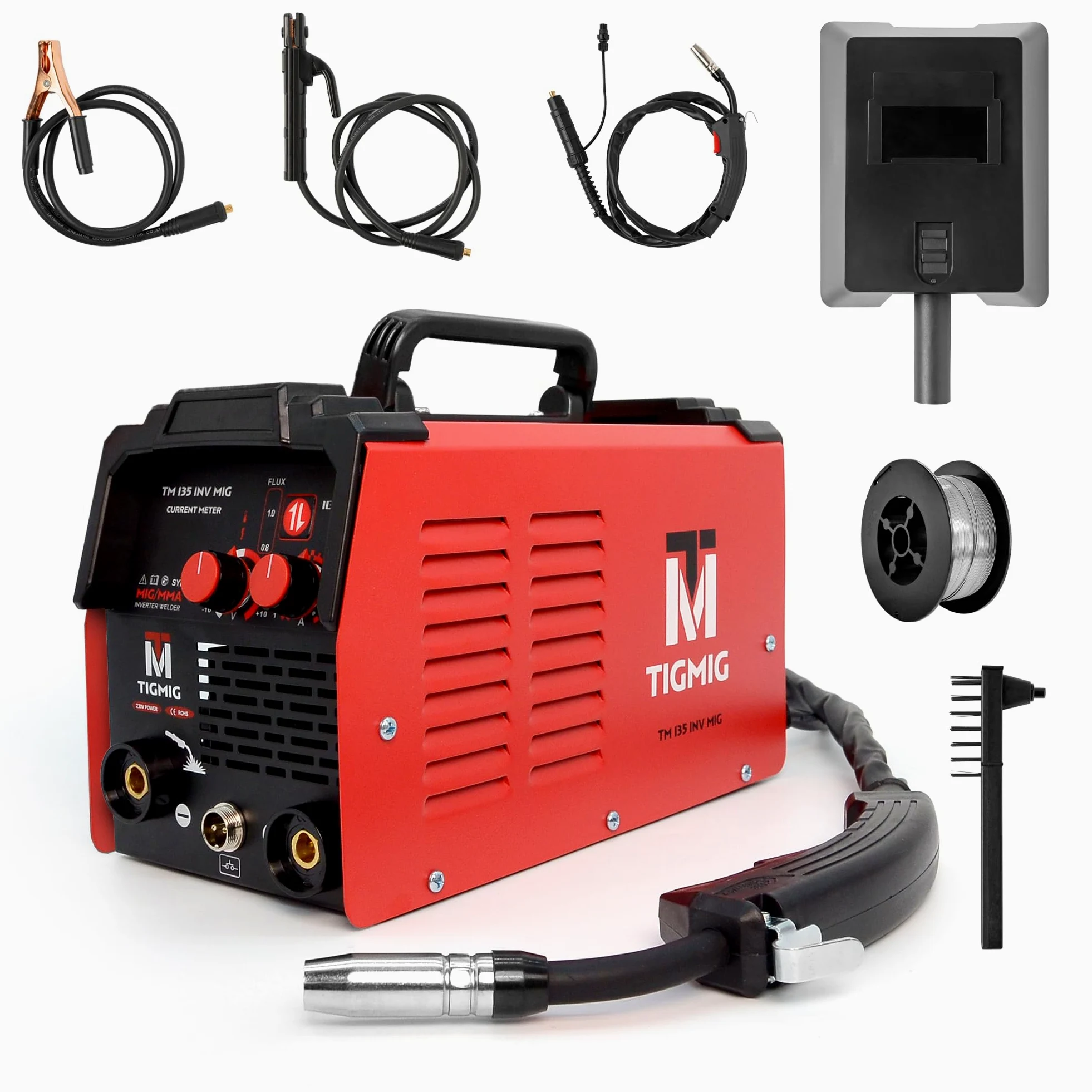 TIGMIG Saldatrice Inverter Filo Continuo FLUX NO GAS + MMA Elettrodo, Mod. TM135INVMIG, Per Filo Animato ⌀0,8/1,0mm, 120A, Inverter IGBT, Inclusa bobina 0,8mm da 0,45kg, GARANZIA e ASSISTENZA ITALIA