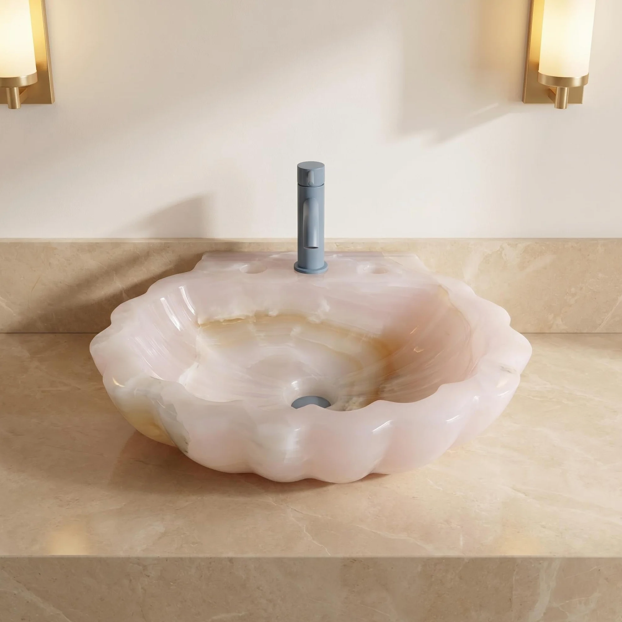 Lavandino da parete in onice rosa con design floreale