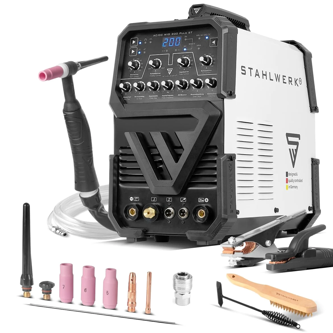 STAHLWERK Saldatrice AC/DC TIG 200 Puls ST – Inverter IGBT con modalità AC, MMA (elettrodo) fino a 200 A, innesco HF, funzione Pulse, 2T & 4T, Hotstart, per alluminio & lamiere sottili