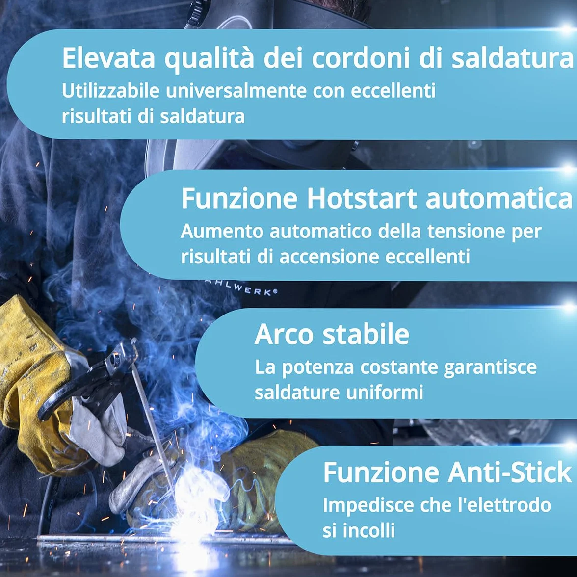 STAHLWERK Saldatrice ad elettrodo ARC 200 MD – MMA & Lift-TIG (DC) fino a 200 A, uso flessibile senza gas, compatta & leggera 3,4 kg, Smart Cooling, Hotstart automatico