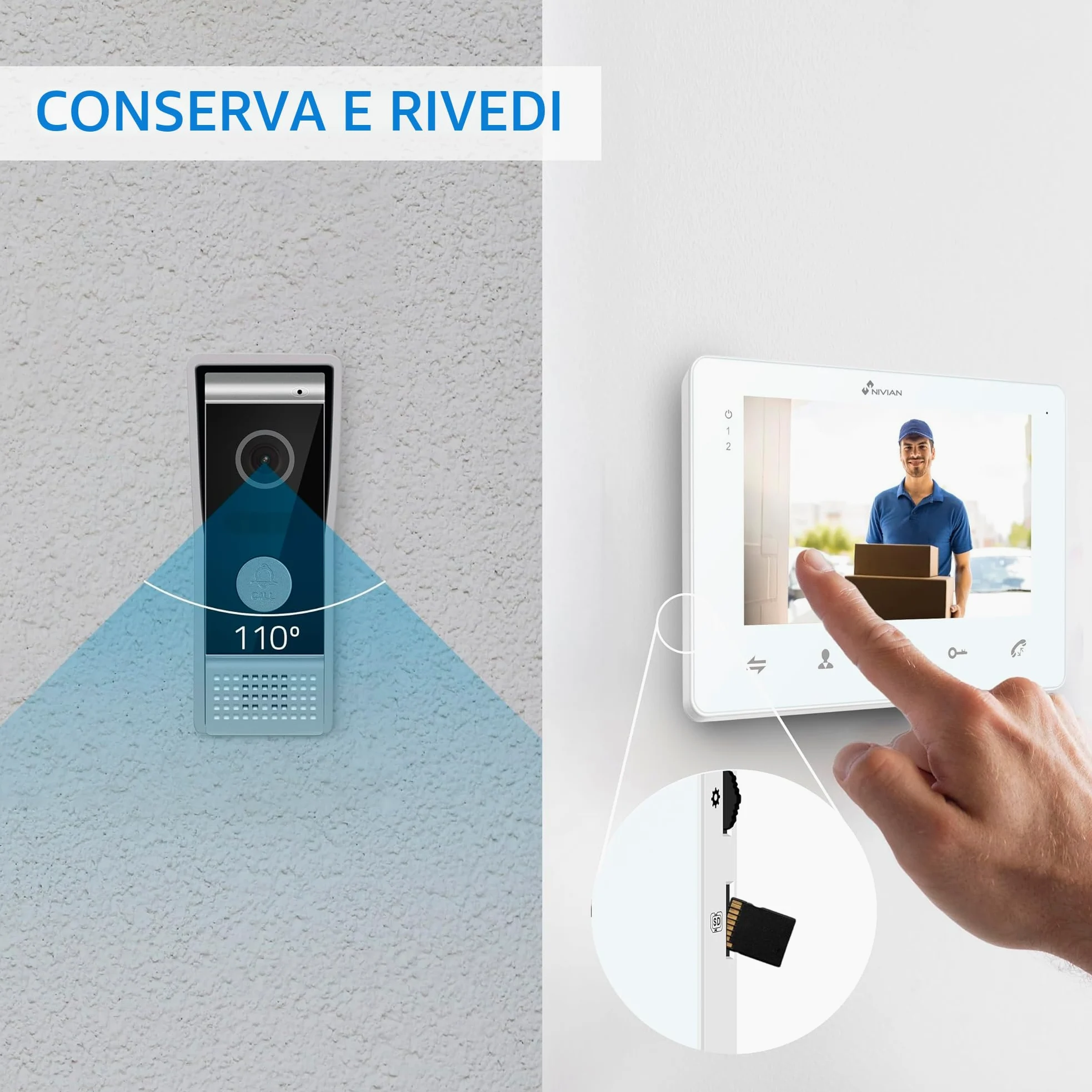NIVIAN Videocitofono 2 Fili Analogico con Monitor 7" HQ Schermo Interno con Audio Bidirezionale | Piastra Esterna IP65 Antivandalica con Visione Notturna, Apriporte Elettrico. Smart Security