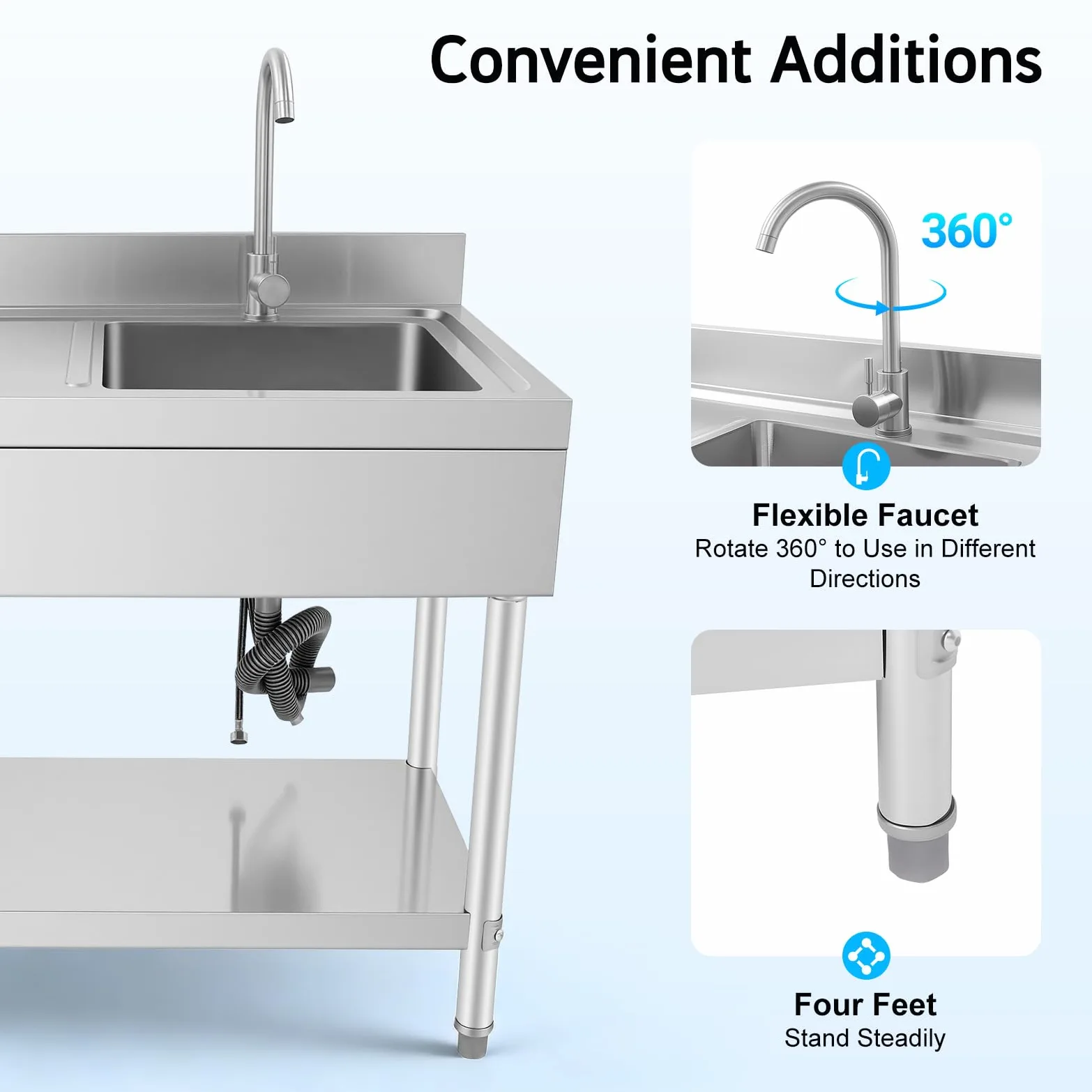 Lavelli da cucina commerciali 100 x 60 x 80 cm, in acciaio inox con capacità di carico 300 kg. Lavello in acciaio inox spazzolato con 1 vasca (a destra) con rubinetto, tubo di scarico, filtro per