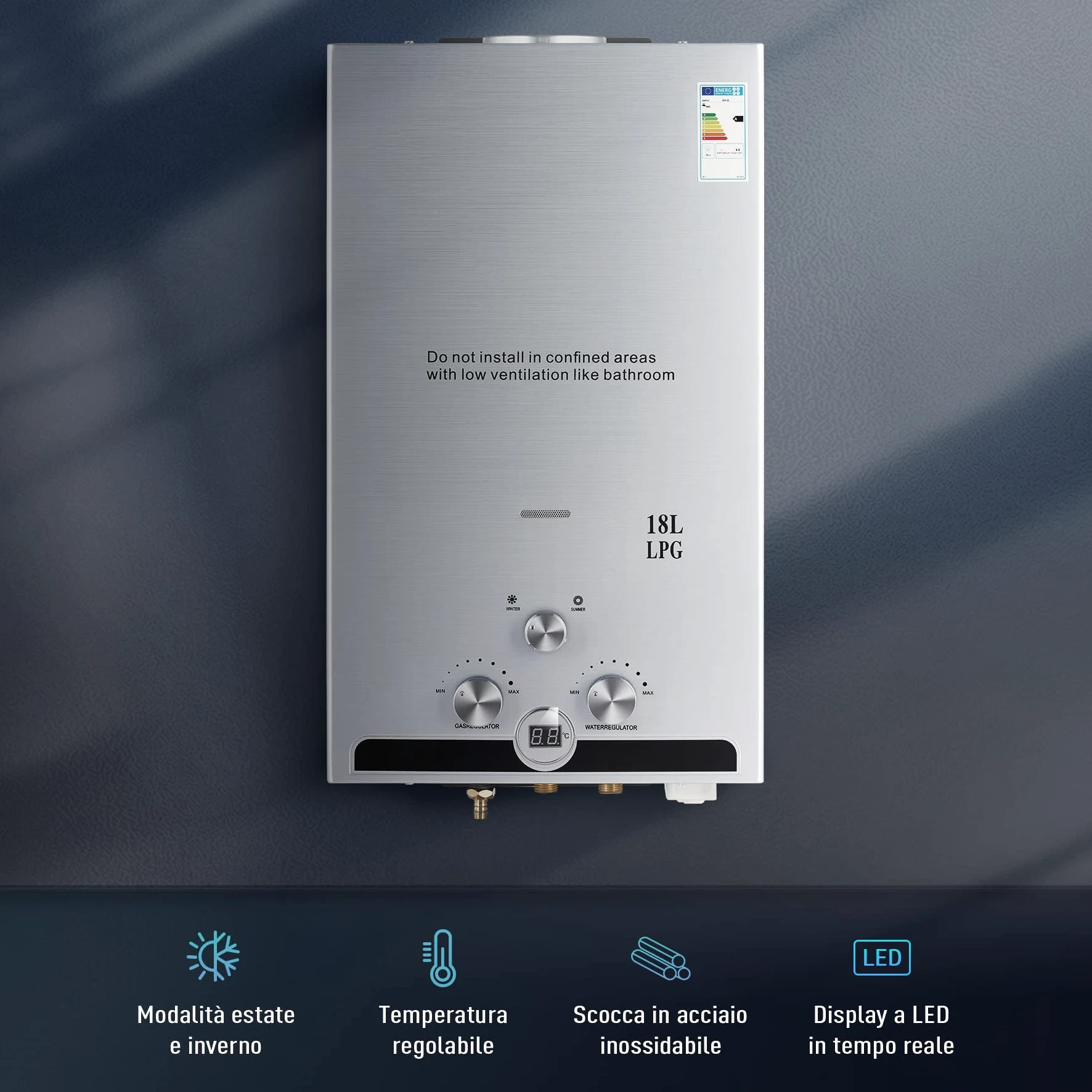 CO-Z Scaldabagno a Gas GPL 18L con Modalità Inverno ed Estate Caldaia a Gas GPL da 30.6 kW a Parete senza Serbatoio Scaldacqua Istantaneo Automatico con Anima in Rame e Display a LED (18L)