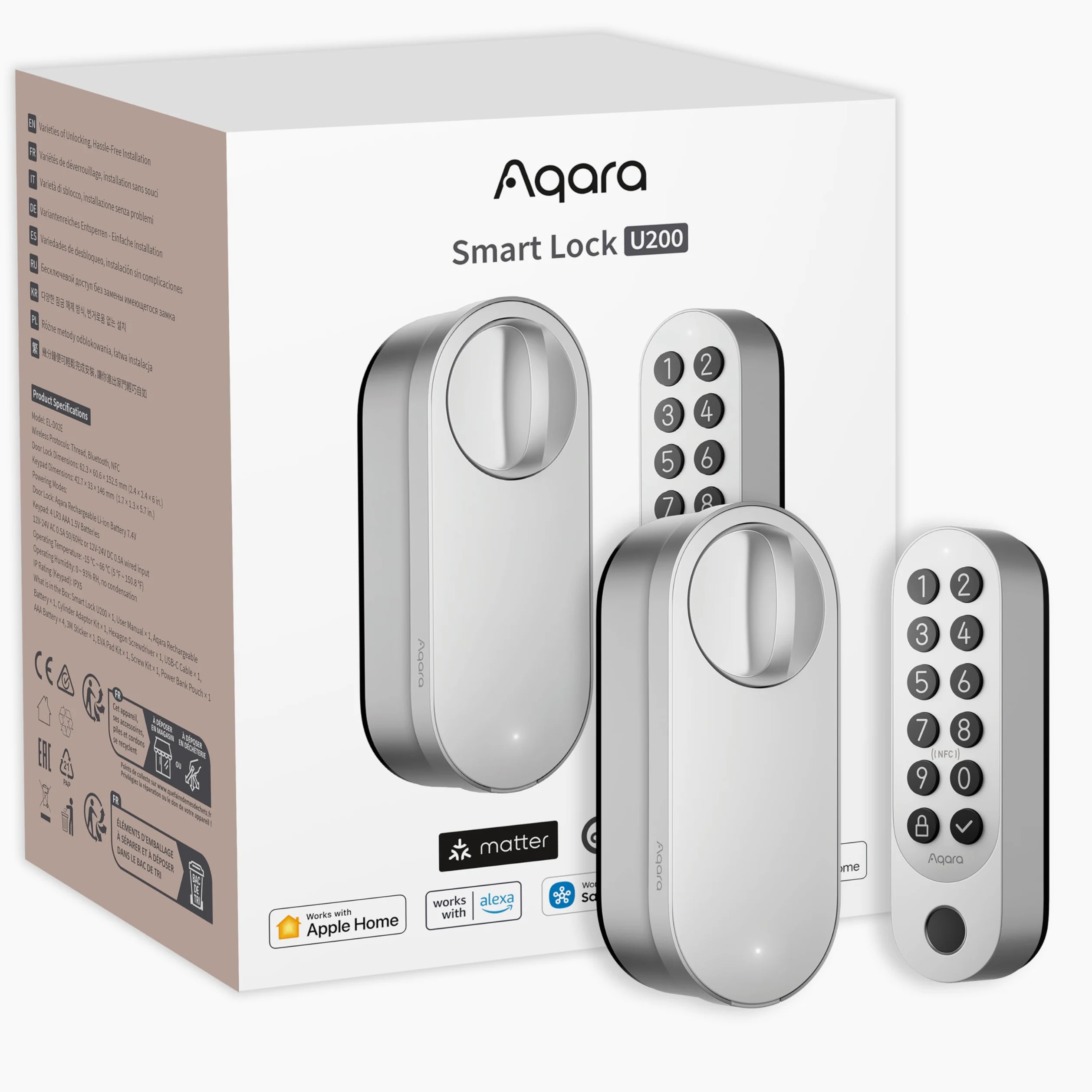 Aqara Serratura Smart U200 (Tastiera Fingerprint Inclusa), Matter over Thread, Apple Home Key e Batteria Ricaricabile, Supporta Apple Homekit, Google Home, Alexa e SmartThings, Argento