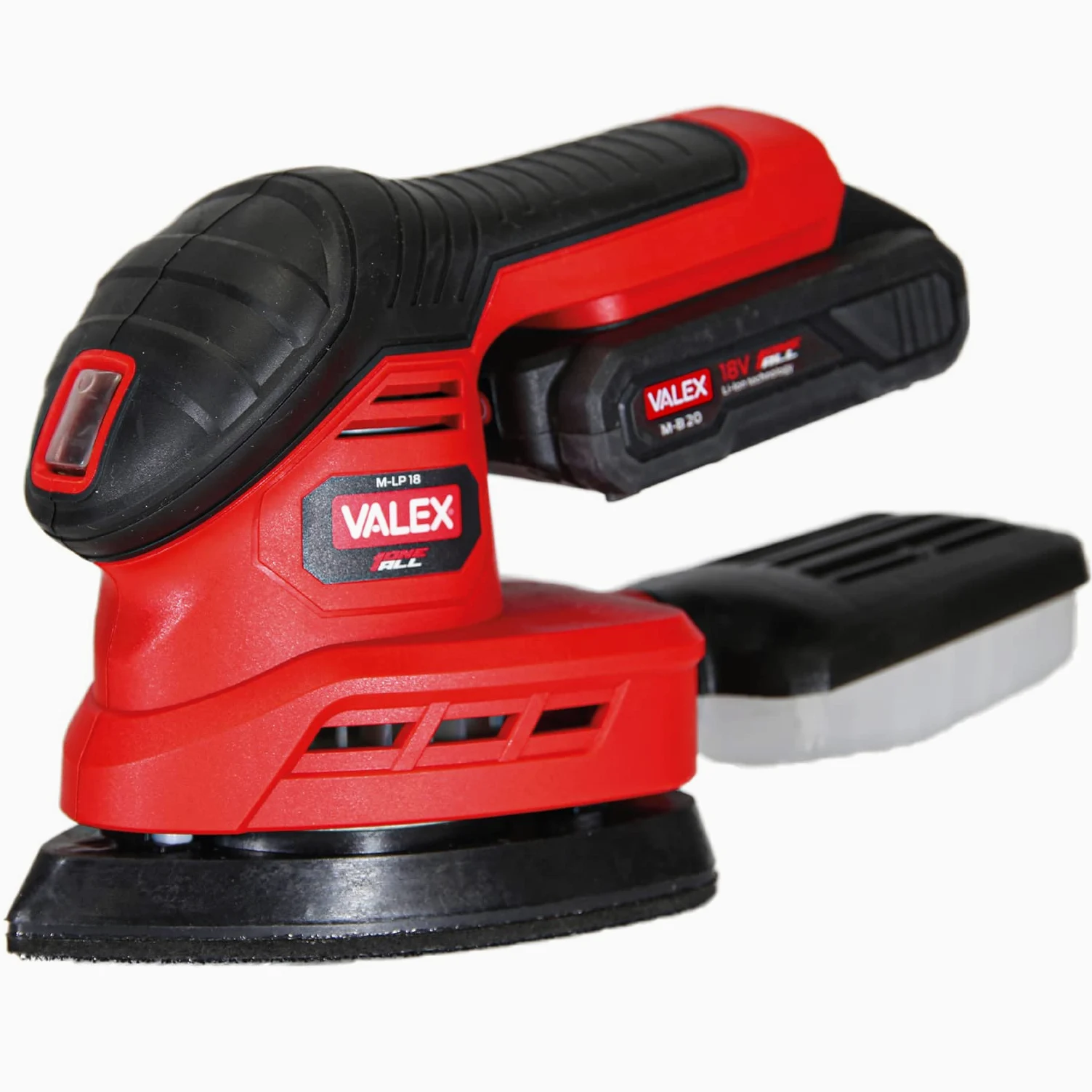 Valex M-LP18 Levigatrice Palmare a Batteria OneAll 18V in Kit con Batteria 2Ah e Caricabatterie 1,7A, 6 Fogli Abrasivi inclusi.