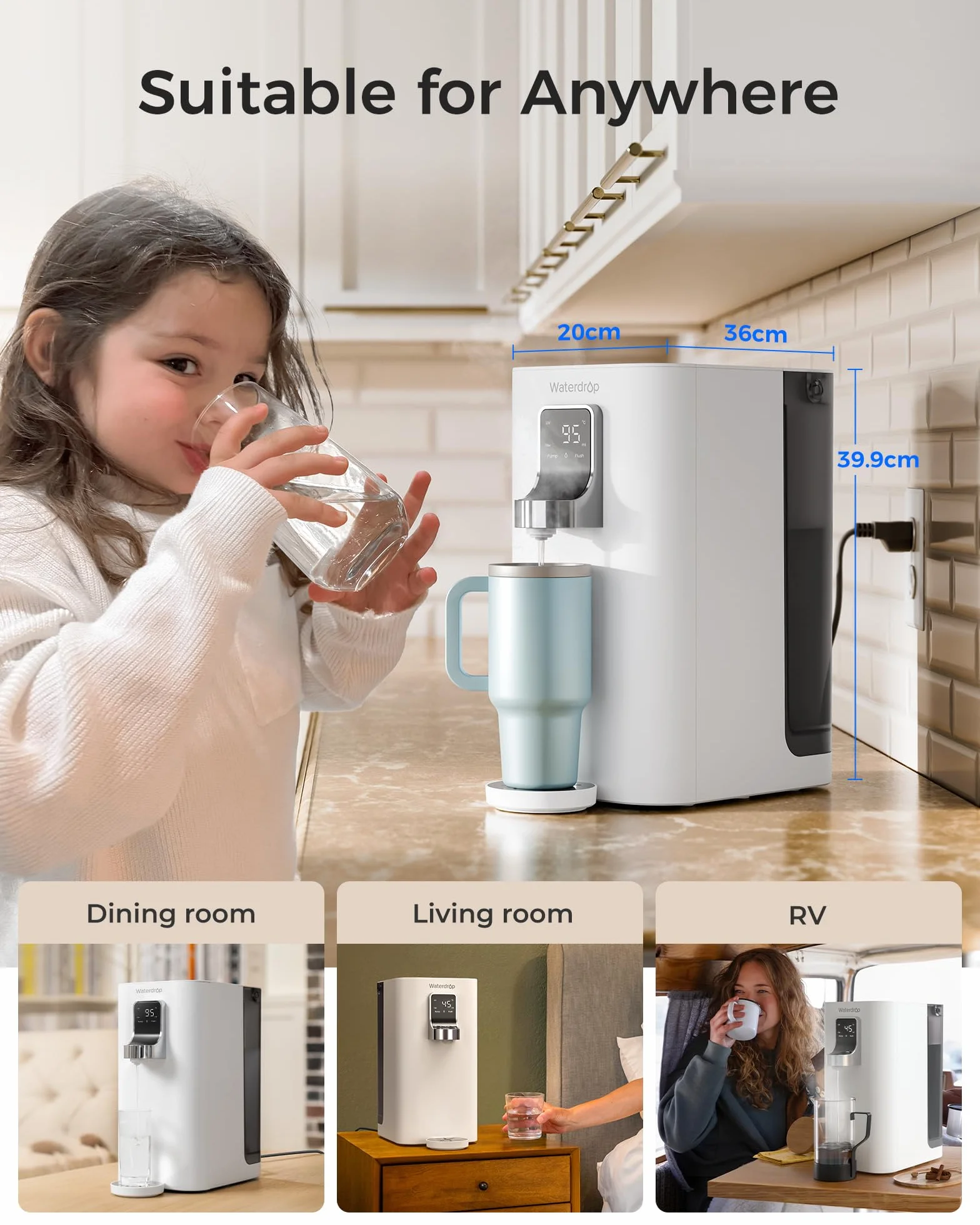 Waterdrop K19-H Riscaldatore Istantaneo con Osmosi Inversa, Distributore Acqua da Tavolo Senza Allacciamento, Riduzione TDS, 4 Livelli Temperatura, Acqua Senza Calcare