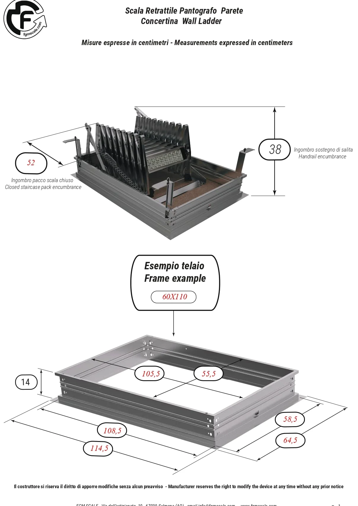 Scala Retrattile Pantografo Parete | Gradino Lato 60 | Misura 60x90 H=276-300 cm